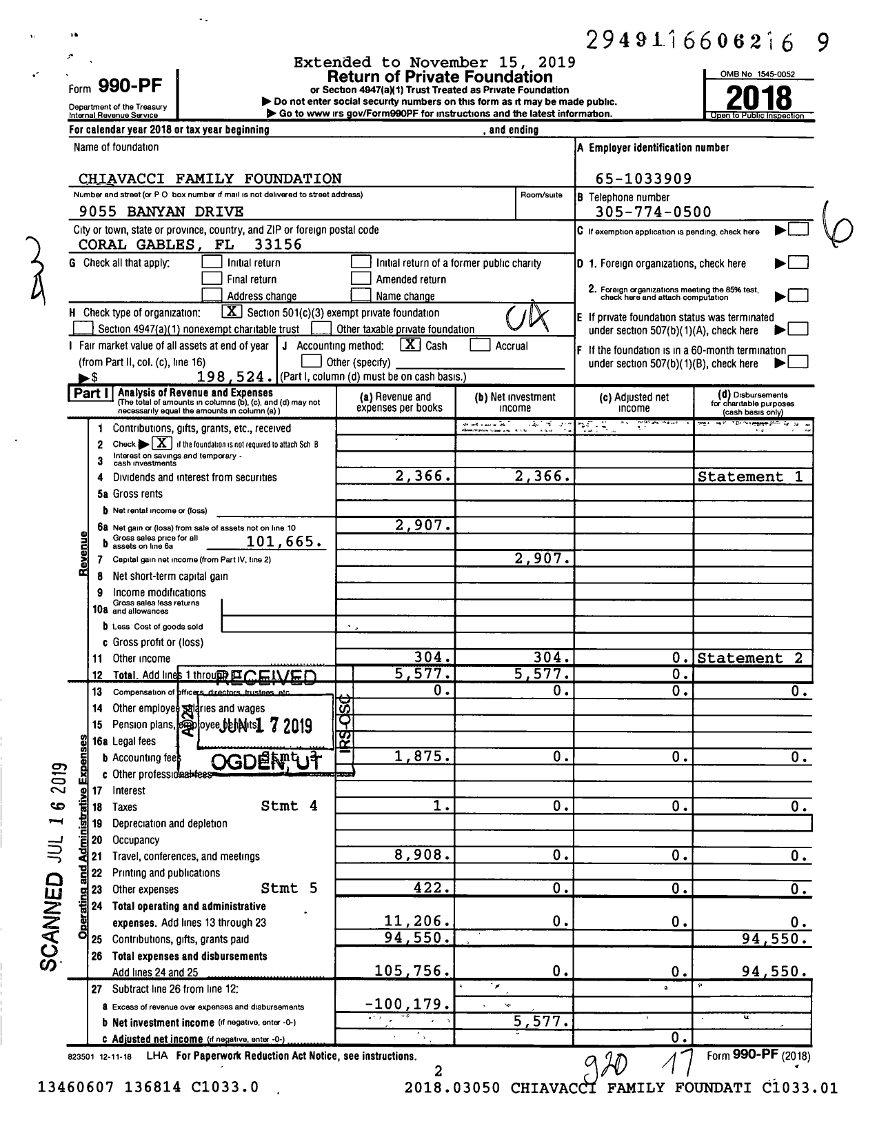 Image of first page of 2018 Form 990PF for Chiavacci Family Foundation