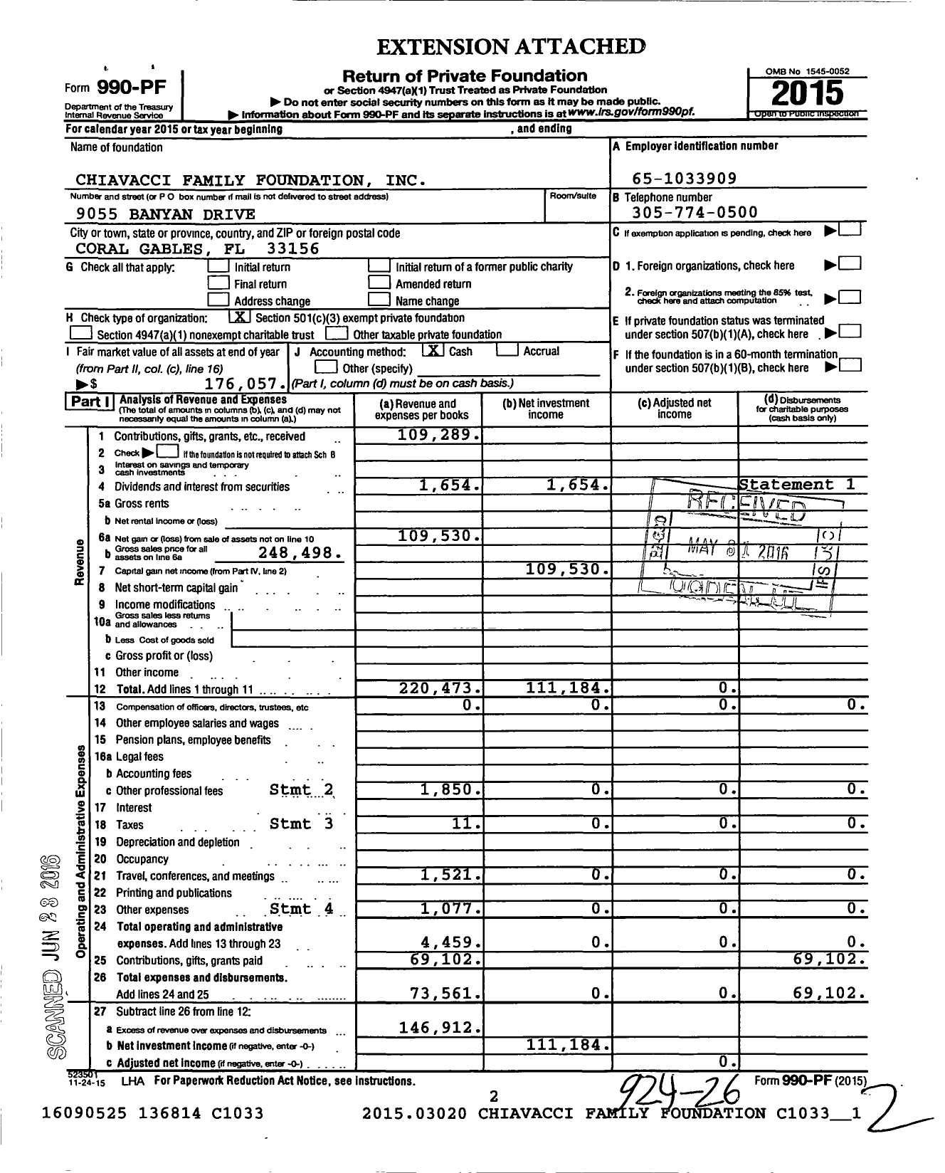 Image of first page of 2015 Form 990PF for Chiavacci Family Foundation
