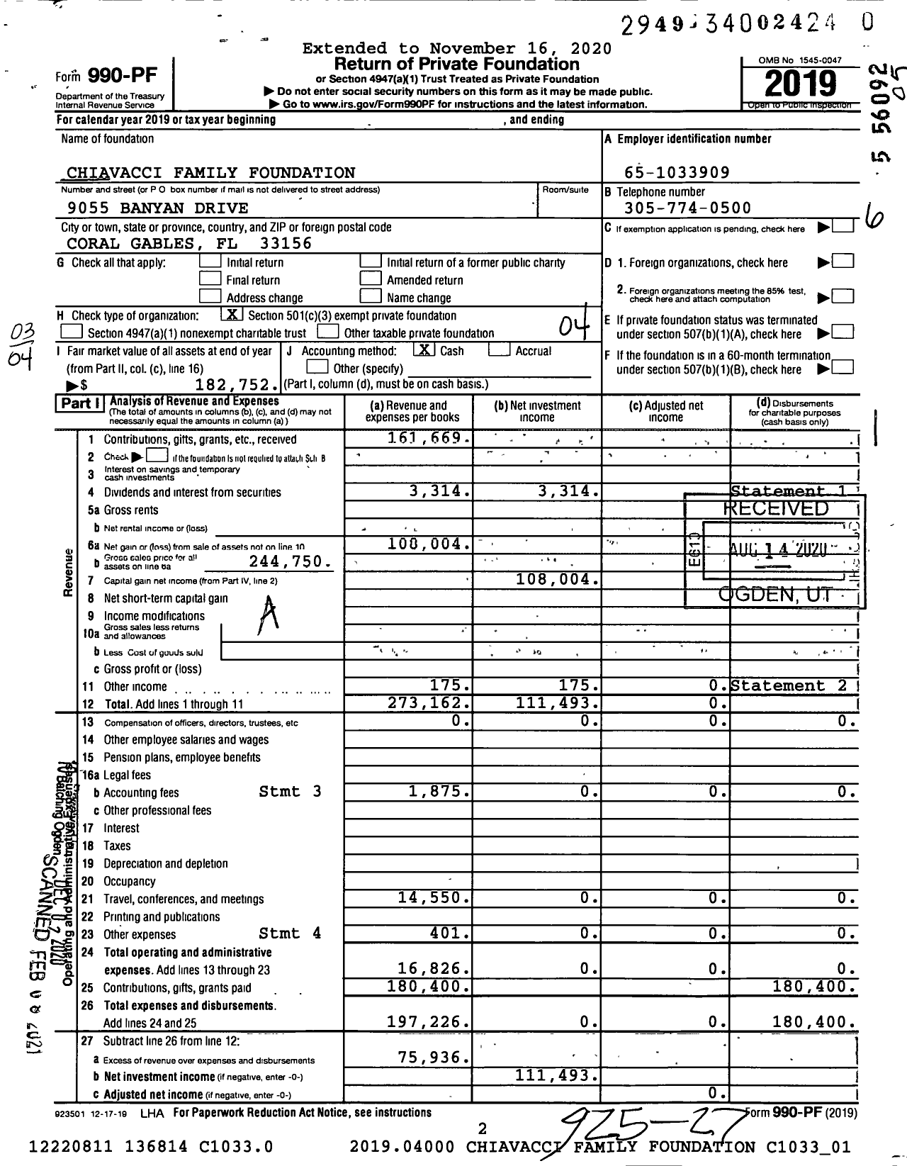 Image of first page of 2019 Form 990PF for Chiavacci Family Foundation