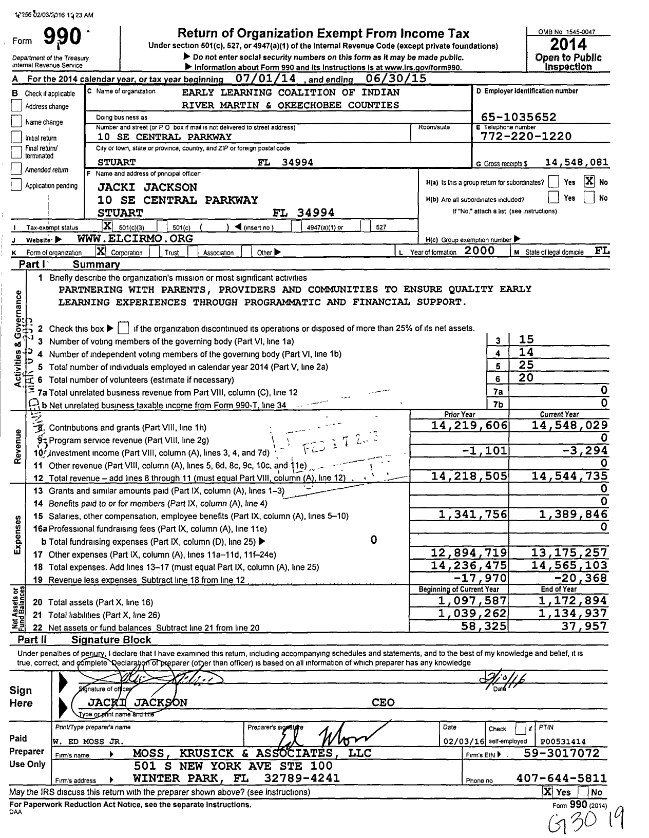 Image of first page of 2014 Form 990 for Early Learning Coalition of Indian River Martin and Okeechobee Counties (ELCIRMO)