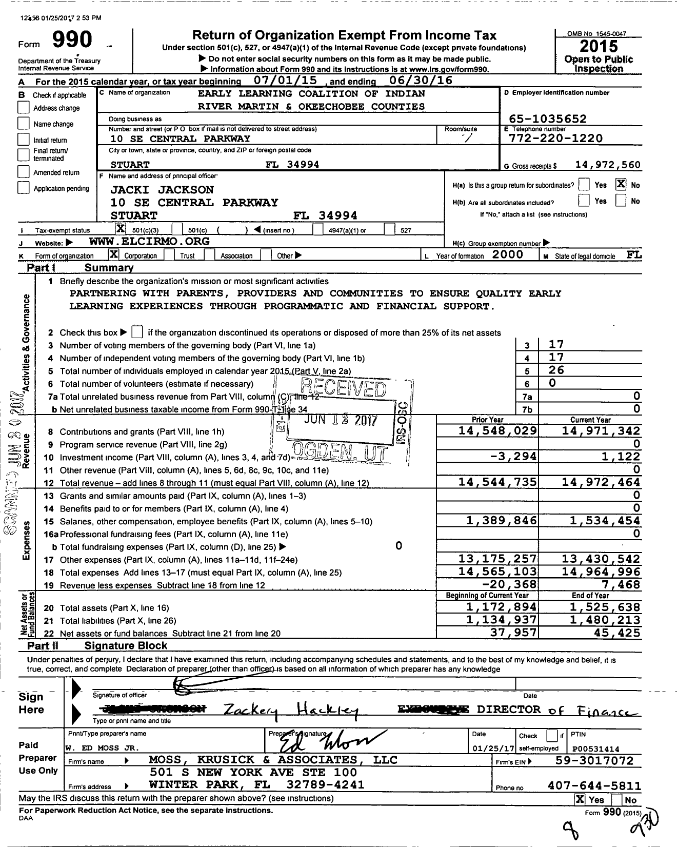 Image of first page of 2015 Form 990 for Early Learning Coalition of Indian River Martin and Okeechobee Counties (ELCIRMO)