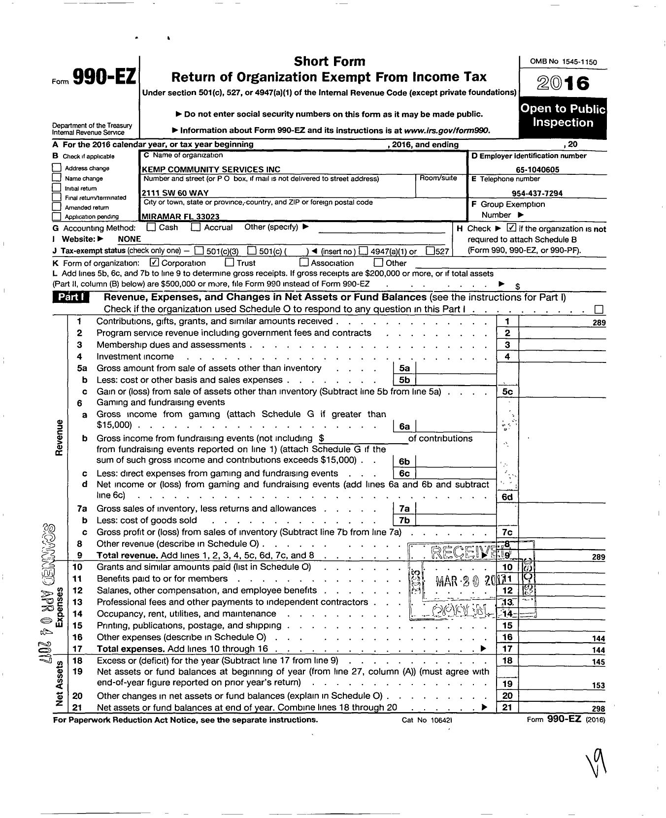 Image of first page of 2016 Form 990EO for Kemp Community Services