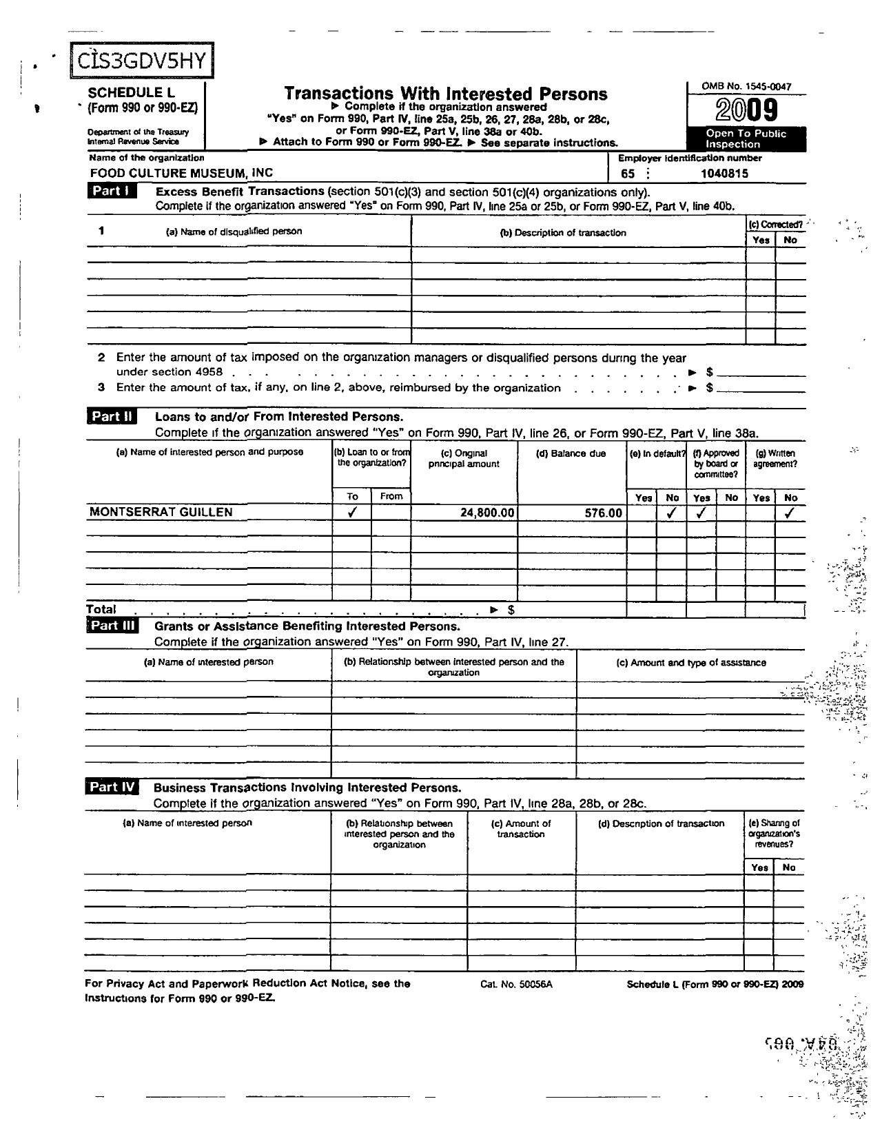 Image of first page of 2009 Form 990ER for Food Culture Museum