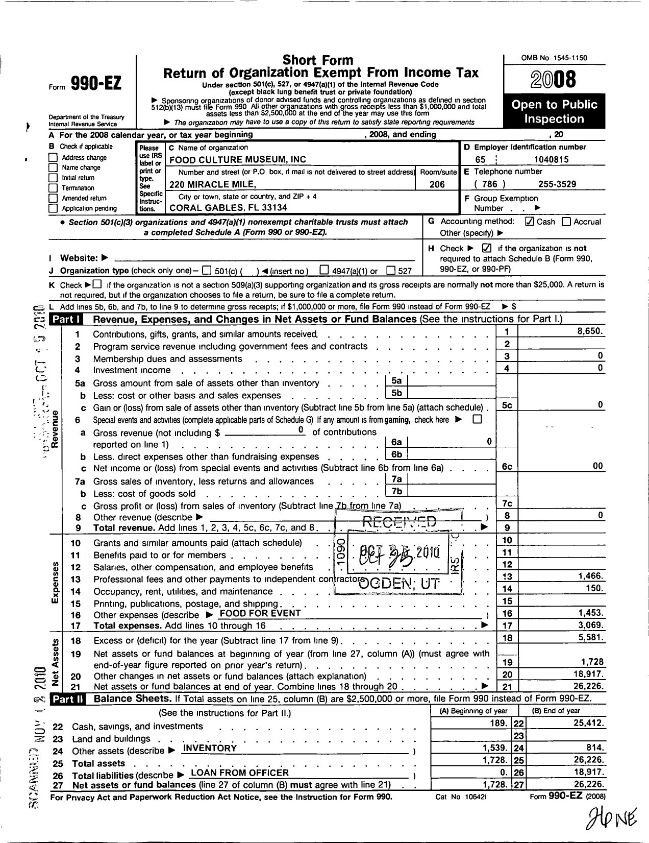 Image of first page of 2008 Form 990EO for Food Culture Museum