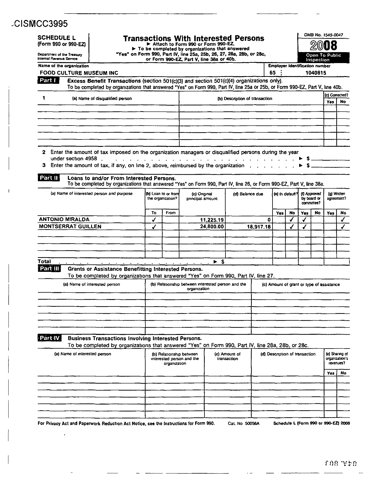 Image of first page of 2008 Form 990ER for Food Culture Museum