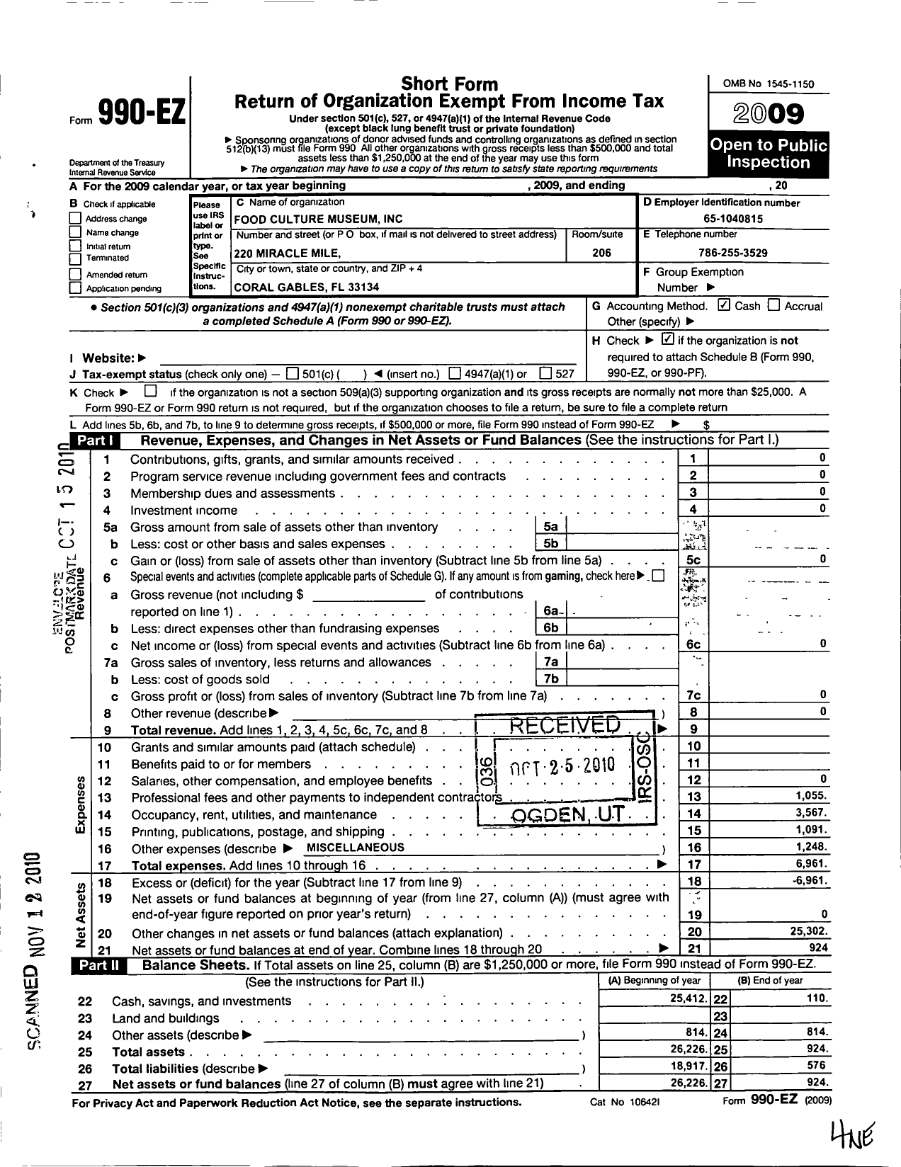 Image of first page of 2009 Form 990EO for Food Culture Museum