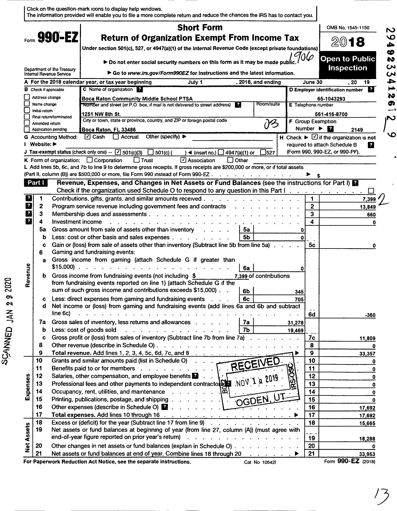 Image of first page of 2018 Form 990EZ for PTA Florida Congress - Boca Raton Comm Middle School Ptsa