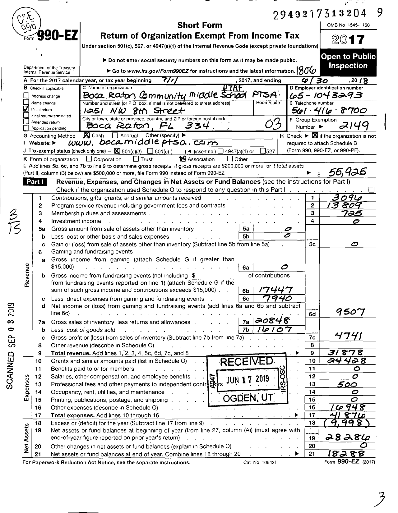 Image of first page of 2017 Form 990EZ for PTA Florida Congress - Boca Raton Comm Middle School Ptsa