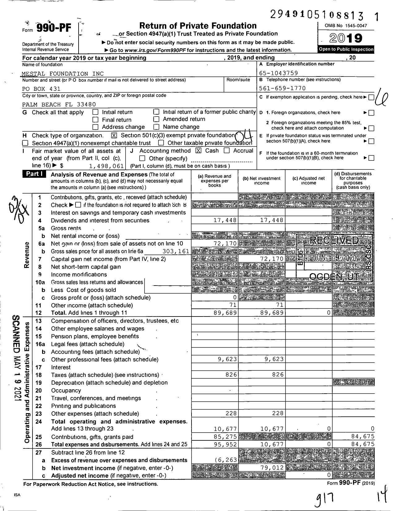Image of first page of 2019 Form 990PF for Mestal Foundation