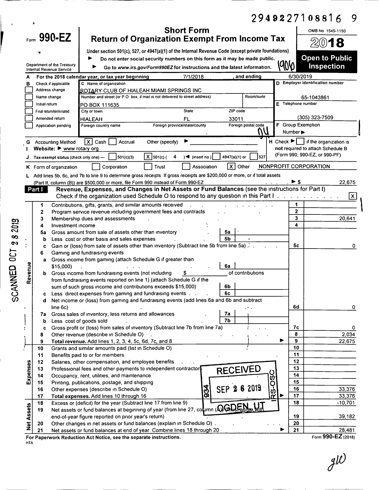 Image of first page of 2018 Form 990EO for Rotary Club of Hialeah Miami Springs