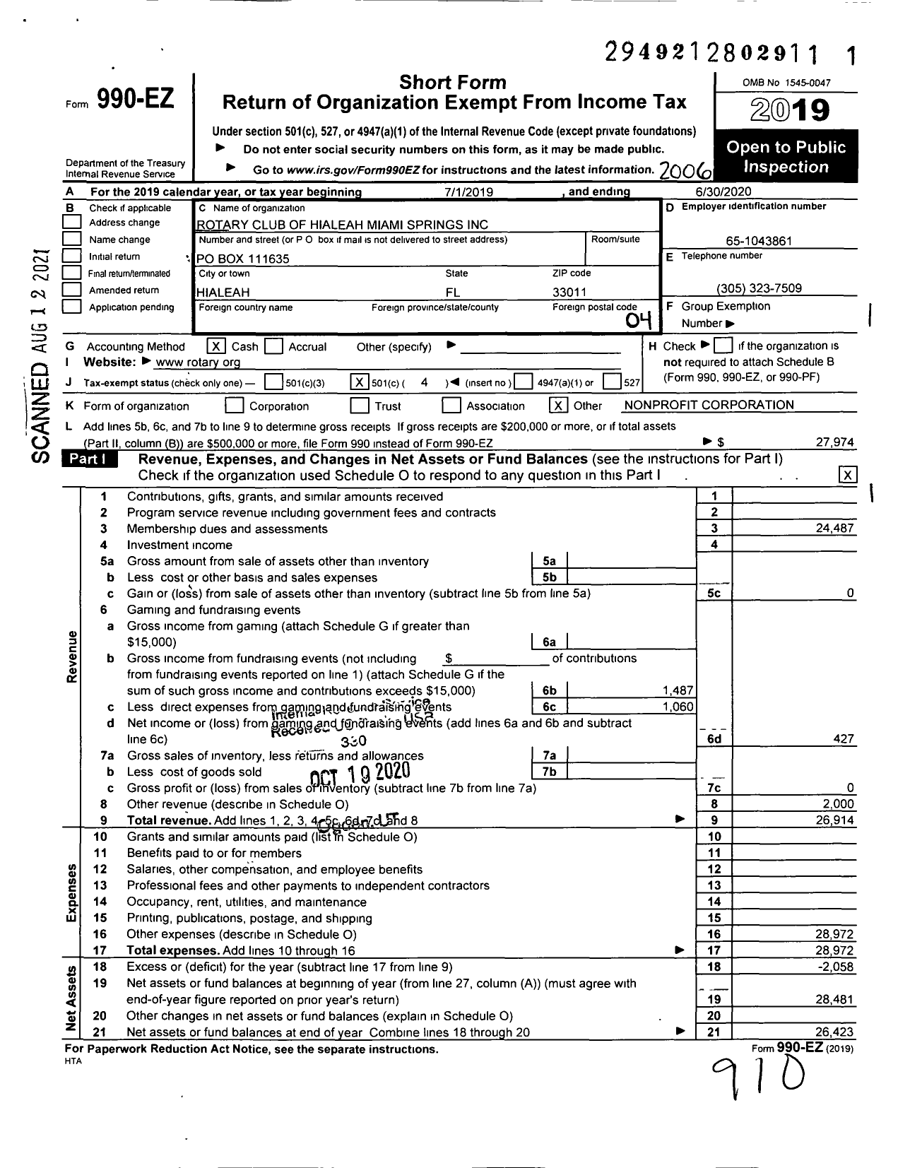 Image of first page of 2019 Form 990EO for Rotary Club of Hialeah Miami Springs