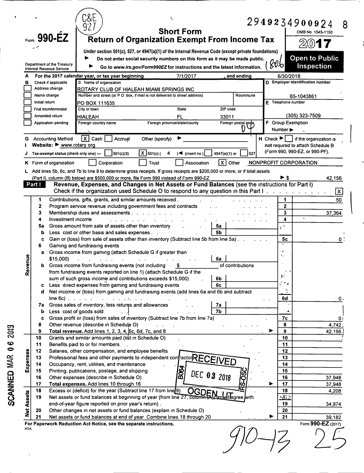 Image of first page of 2017 Form 990EO for Rotary Club of Hialeah Miami Springs