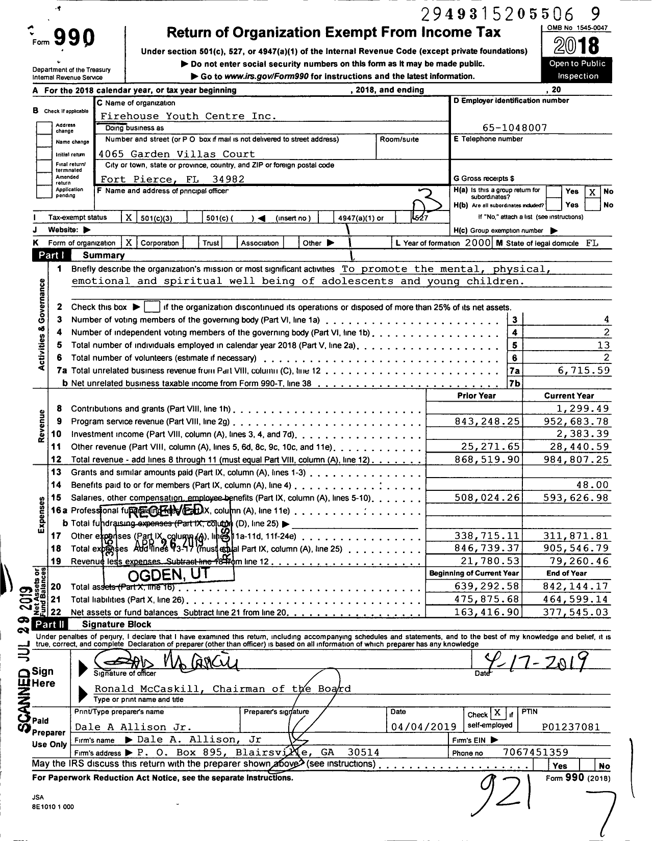 Image of first page of 2018 Form 990 for Firehouse Youth Centre