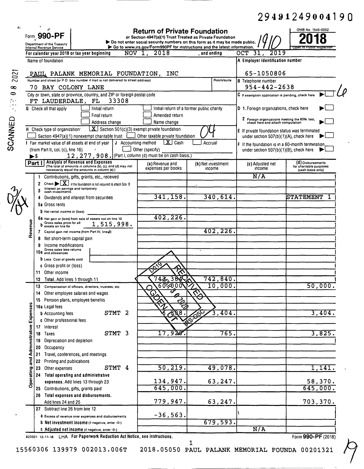 Image of first page of 2018 Form 990PF for Paul Palank Memorial Foundation
