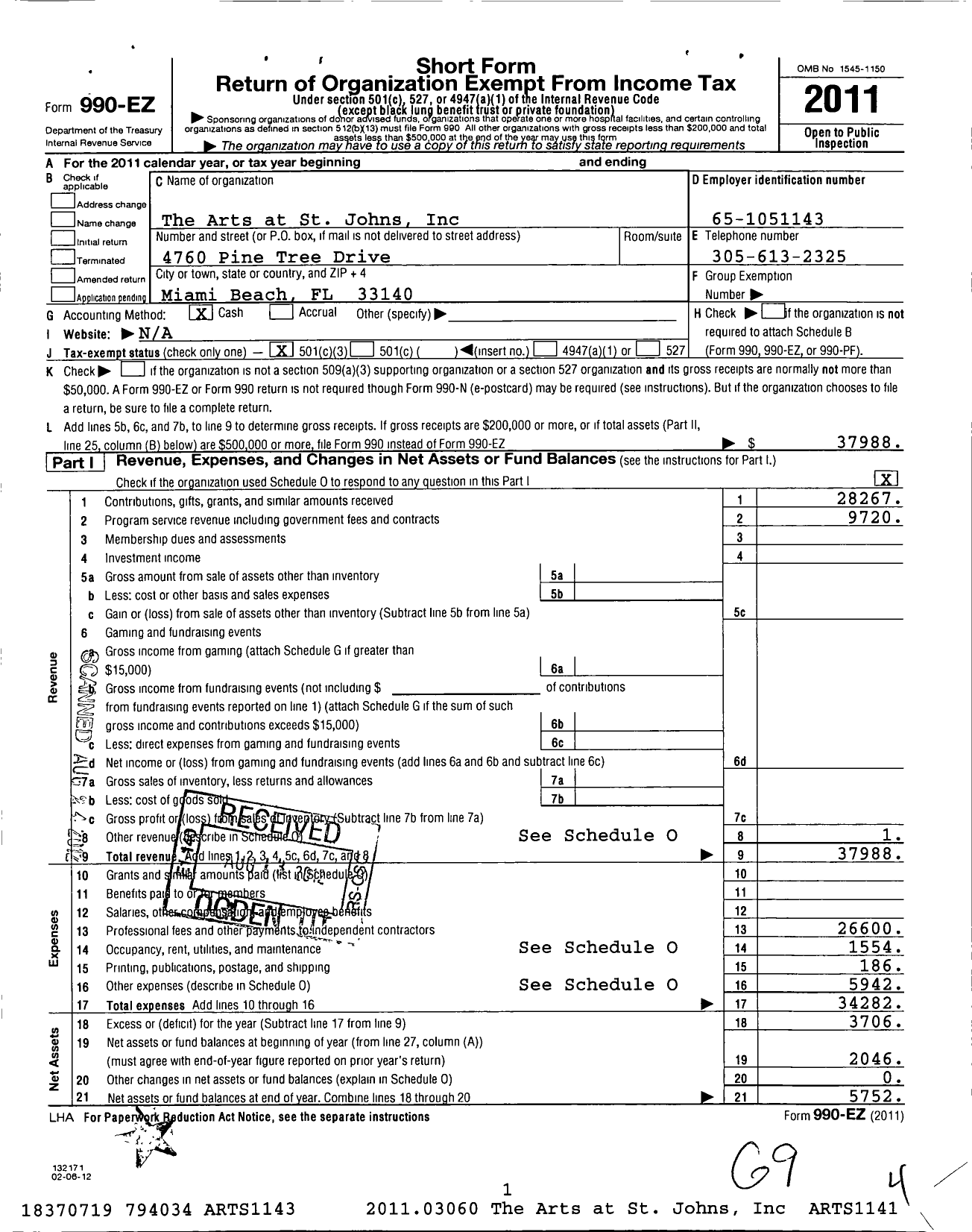 Image of first page of 2011 Form 990EZ for The Arts at St Johns