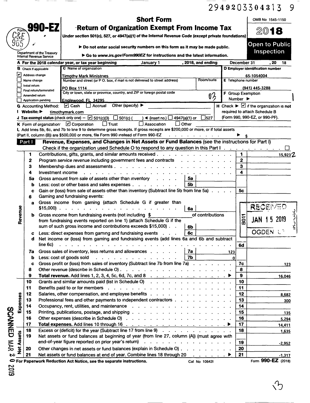 Image of first page of 2018 Form 990EZ for Timothy Mark Ministries