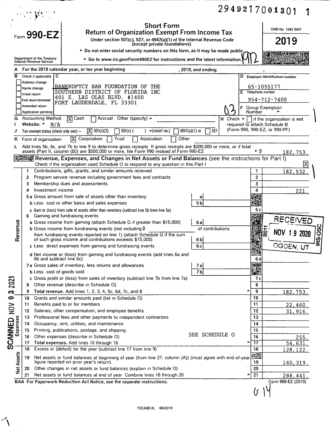 Image of first page of 2019 Form 990EZ for Bankruptcy Bar Foundation of the Southern District of Florida