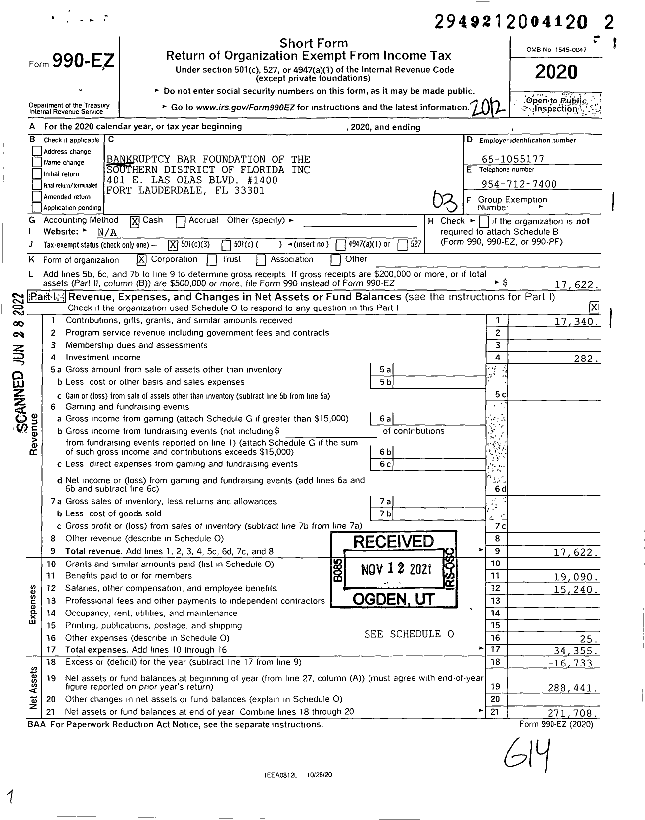 Image of first page of 2020 Form 990EZ for Bankruptcy Bar Foundation of the Southern District of Florida