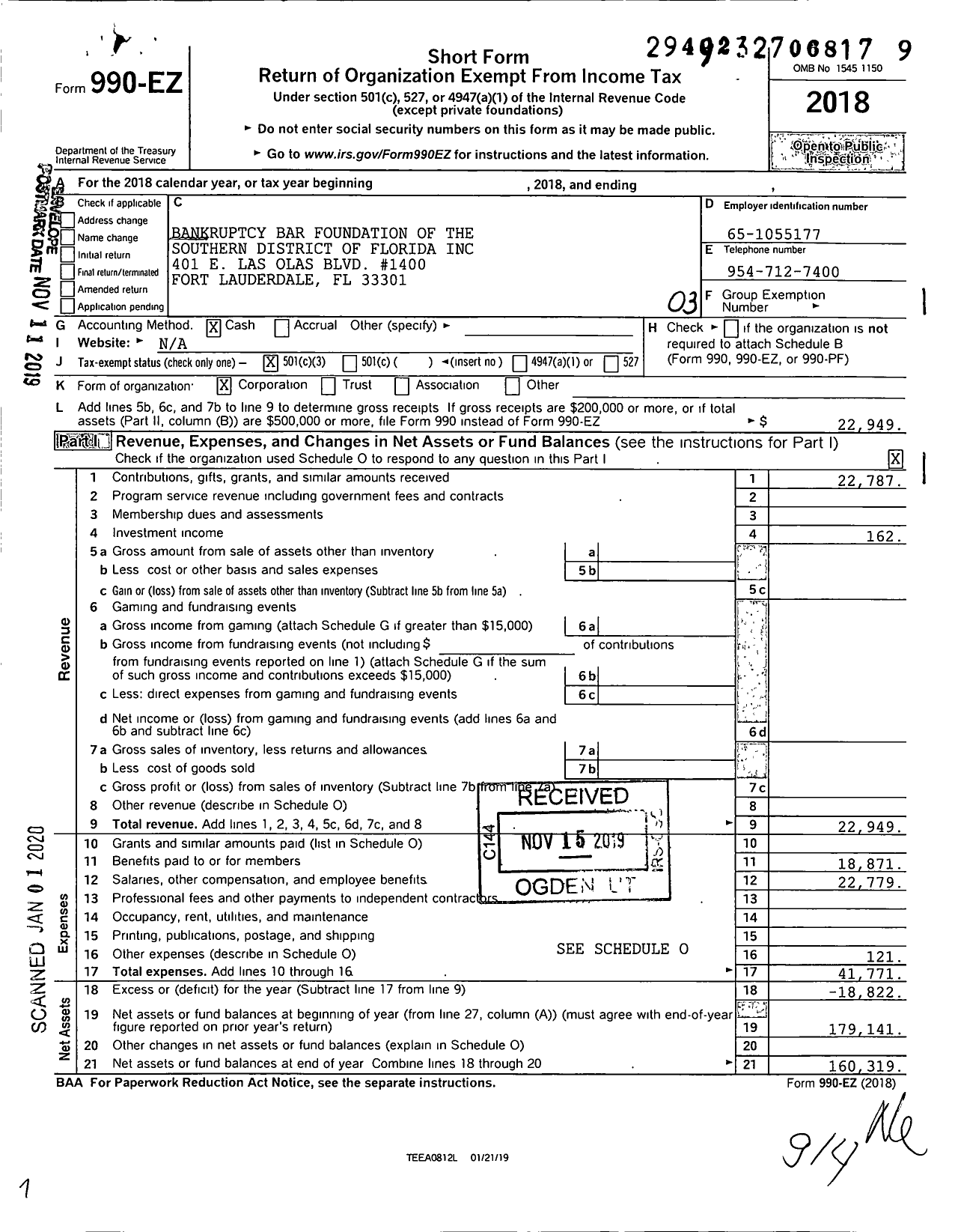 Image of first page of 2018 Form 990EZ for Bankruptcy Bar Foundation of the Southern District of Florida