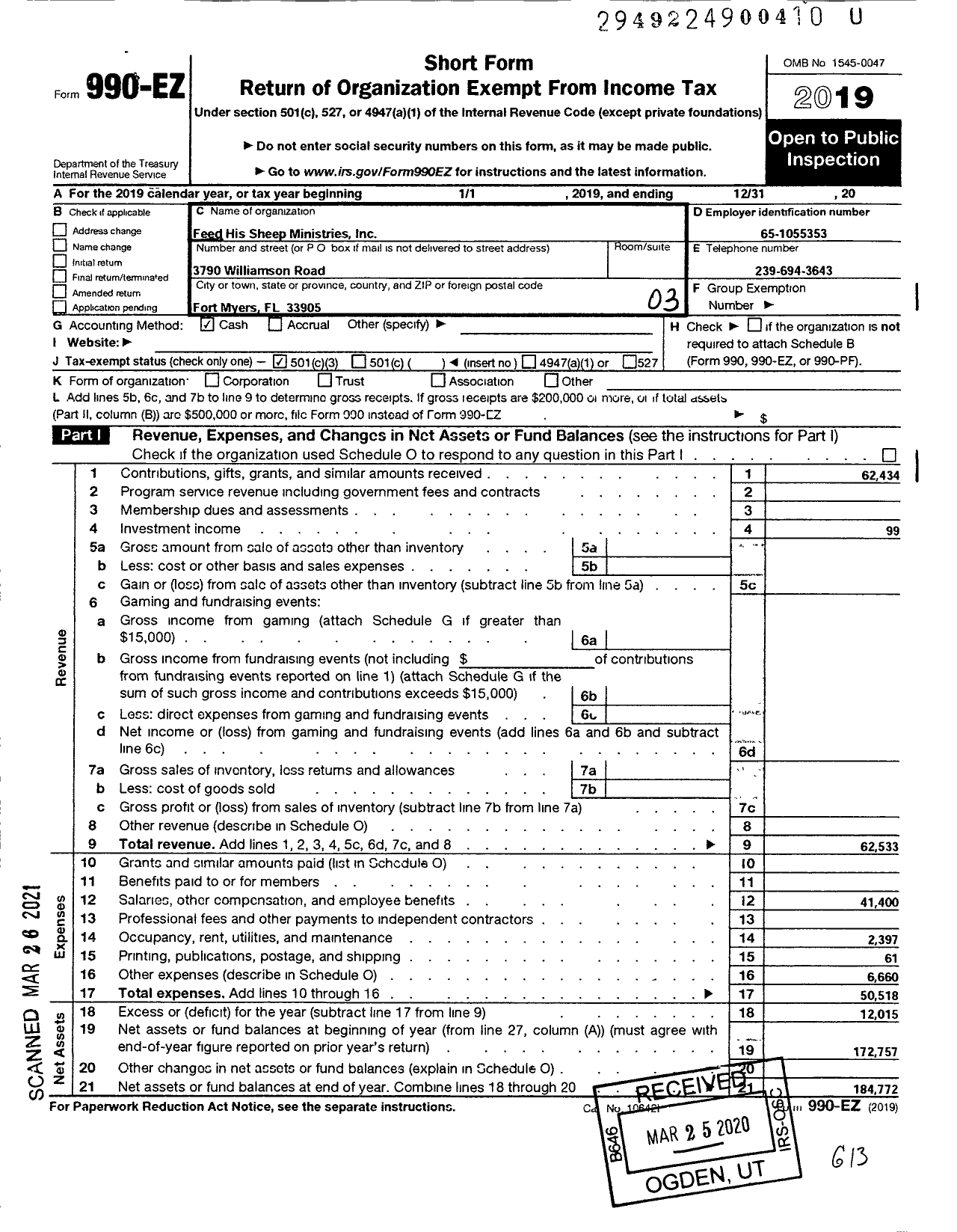 Image of first page of 2019 Form 990EZ for Feed His Sheep Ministries Incorporated