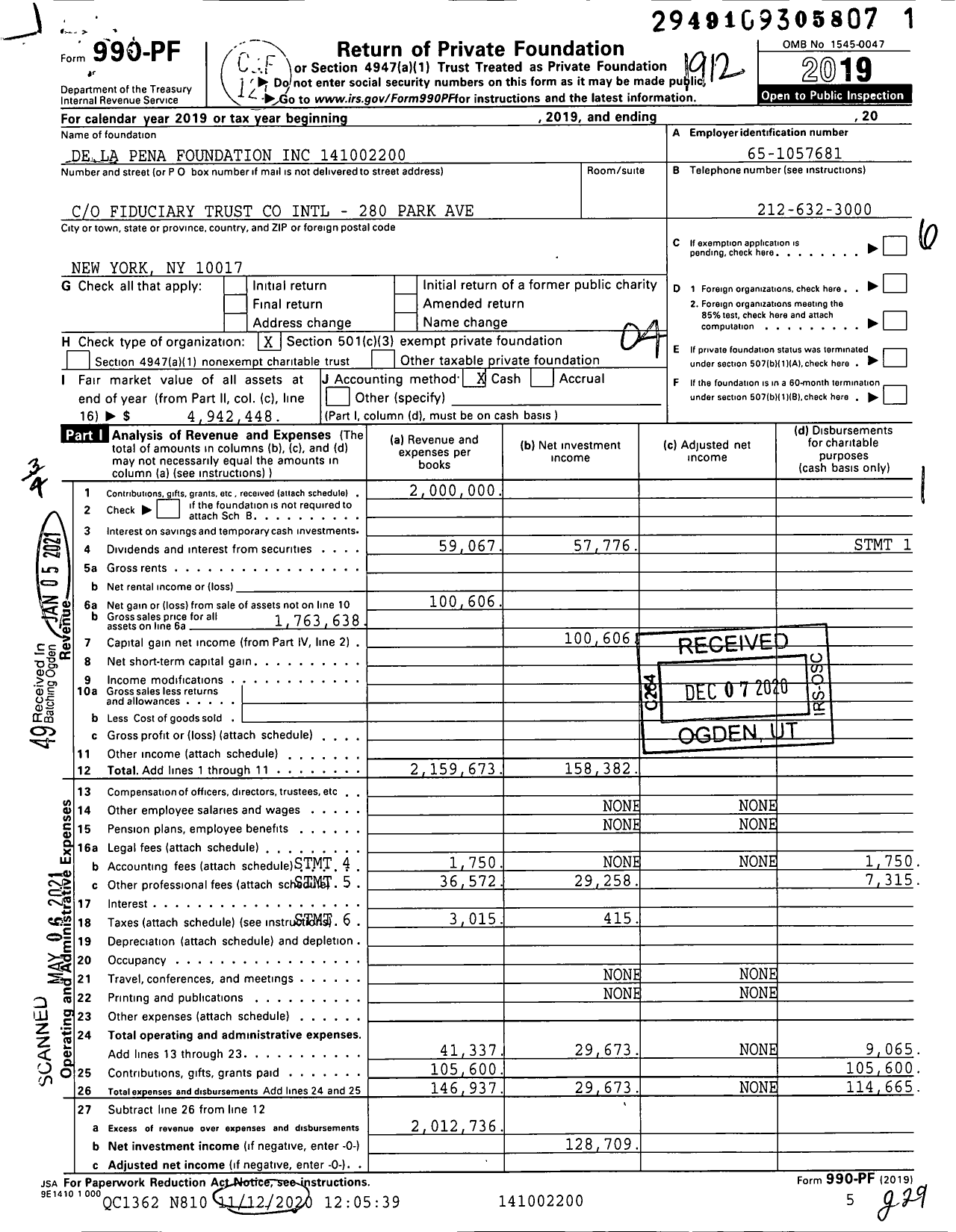 Image of first page of 2019 Form 990PF for De La Pena Foundation