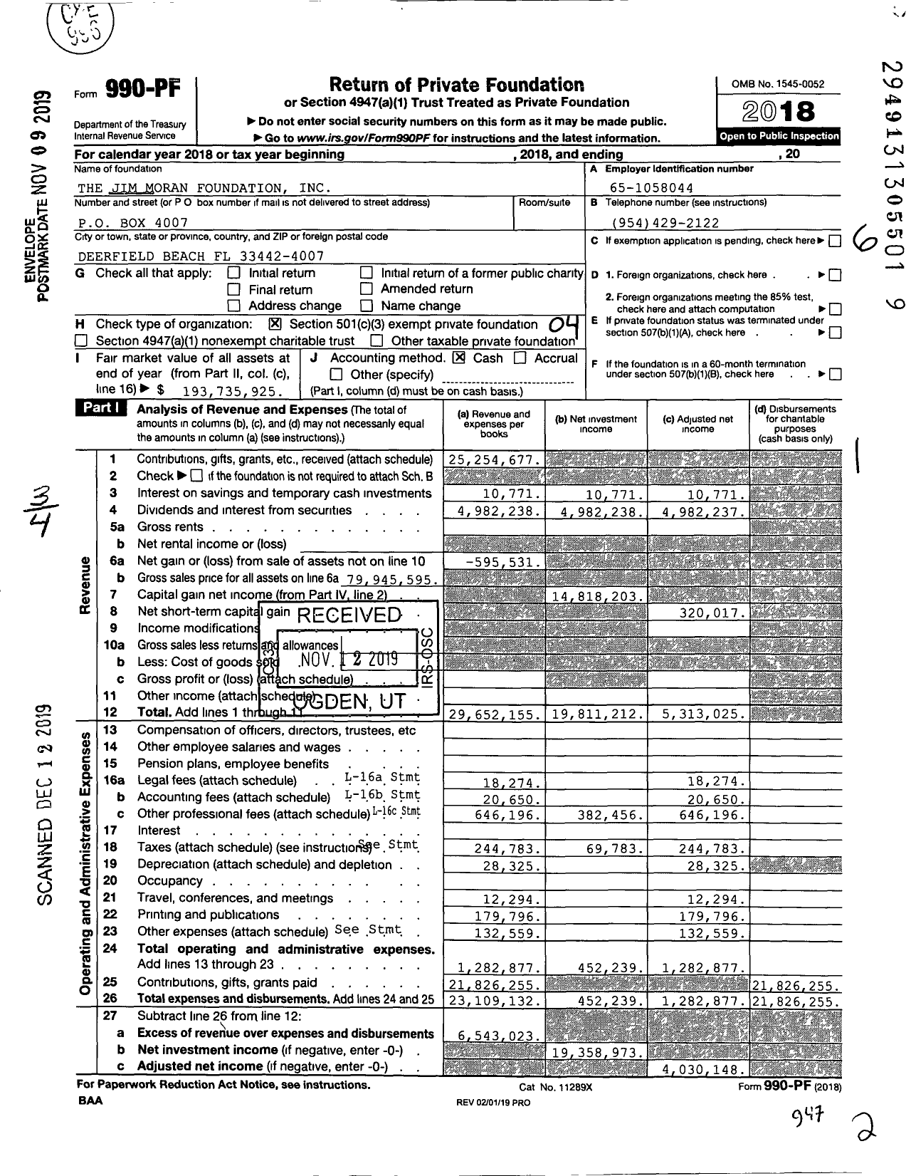 Image of first page of 2018 Form 990PF for The Jim Moran Foundation