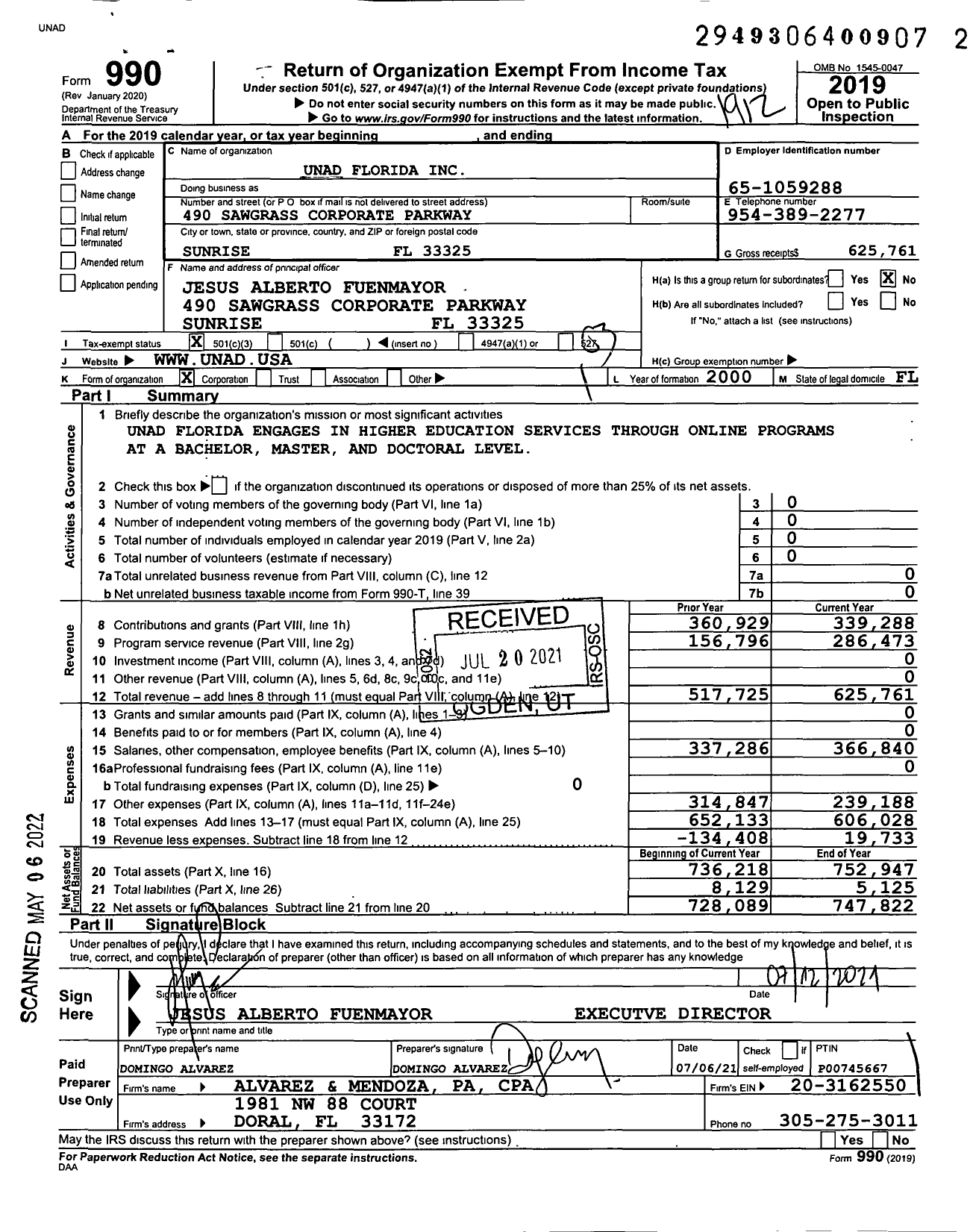 Image of first page of 2019 Form 990 for Unad Florida