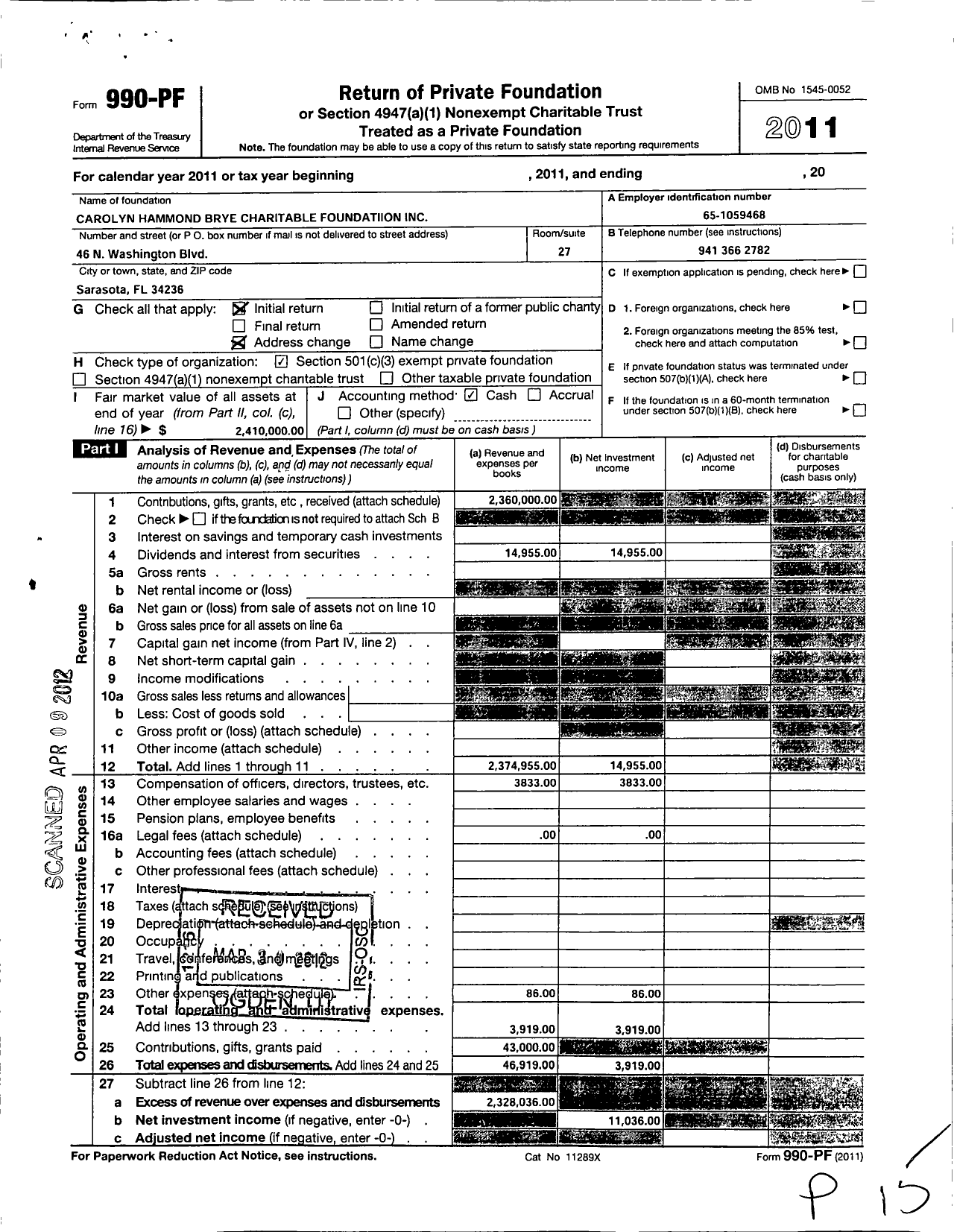 Image of first page of 2011 Form 990PF for Carolyn Hammond Brye Charitable Foundation