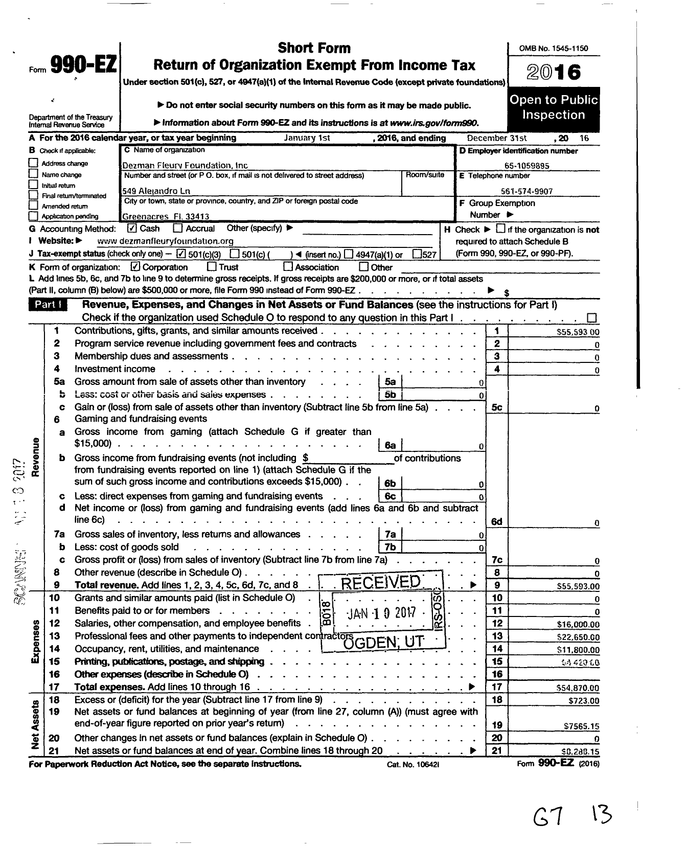 Image of first page of 2016 Form 990EZ for Dezman Fleury Foundation