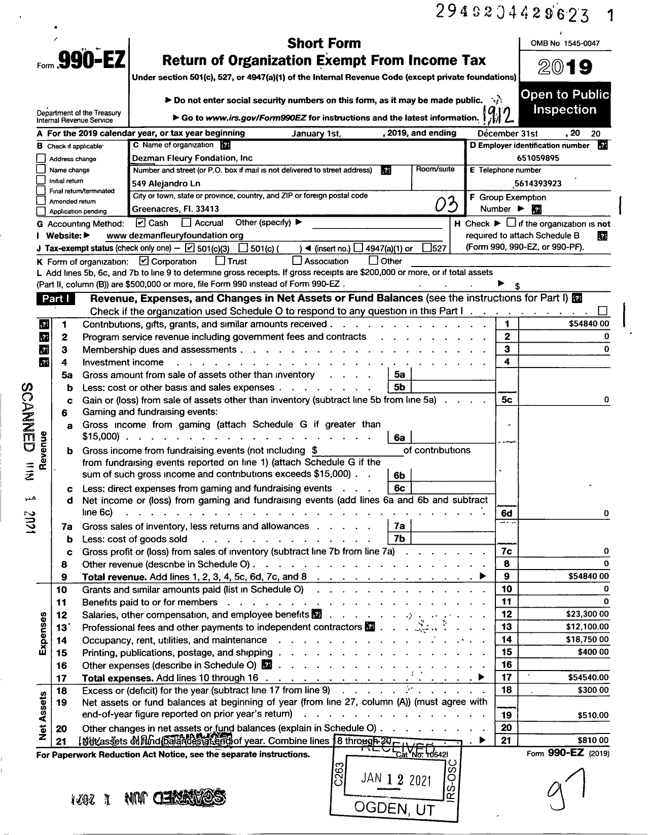 Image of first page of 2019 Form 990EZ for Dezman Fleury Foundation