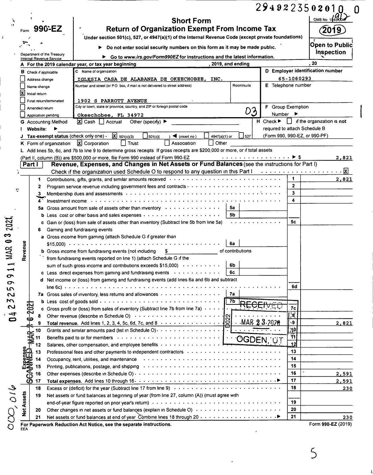 Image of first page of 2019 Form 990EZ for Iglesia Casa de Alabanza de Okeechobee