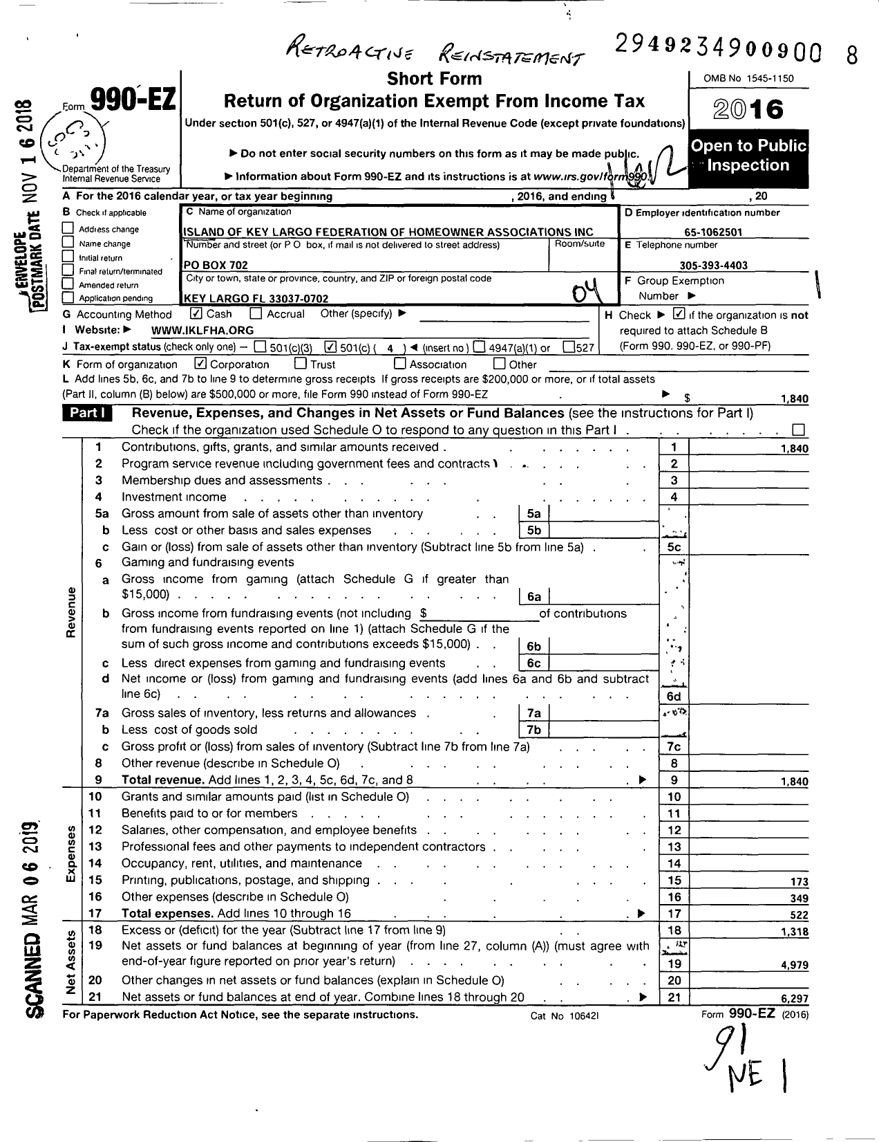 Image of first page of 2016 Form 990EO for Island of Key Largo Federation of Homeowners Associations