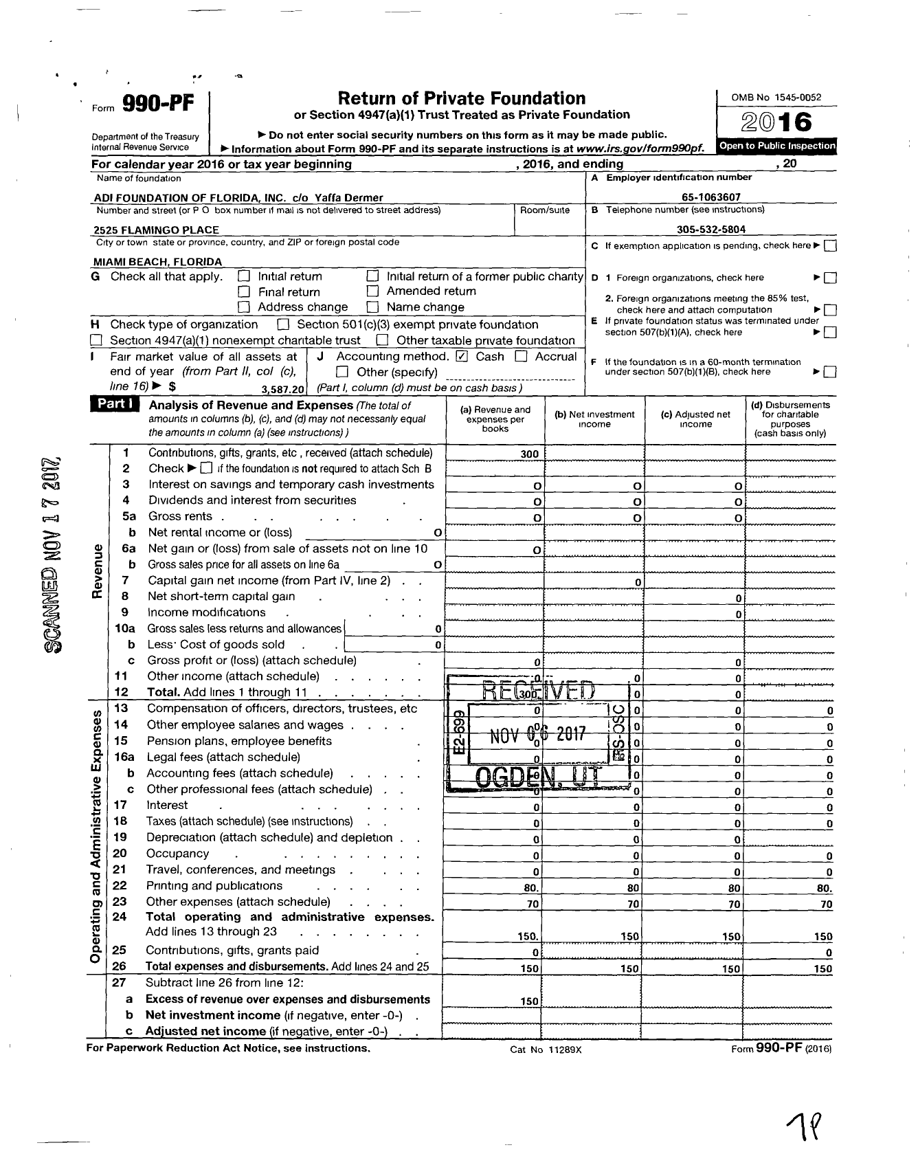 Image of first page of 2016 Form 990PF for Adi Foundation of Florida