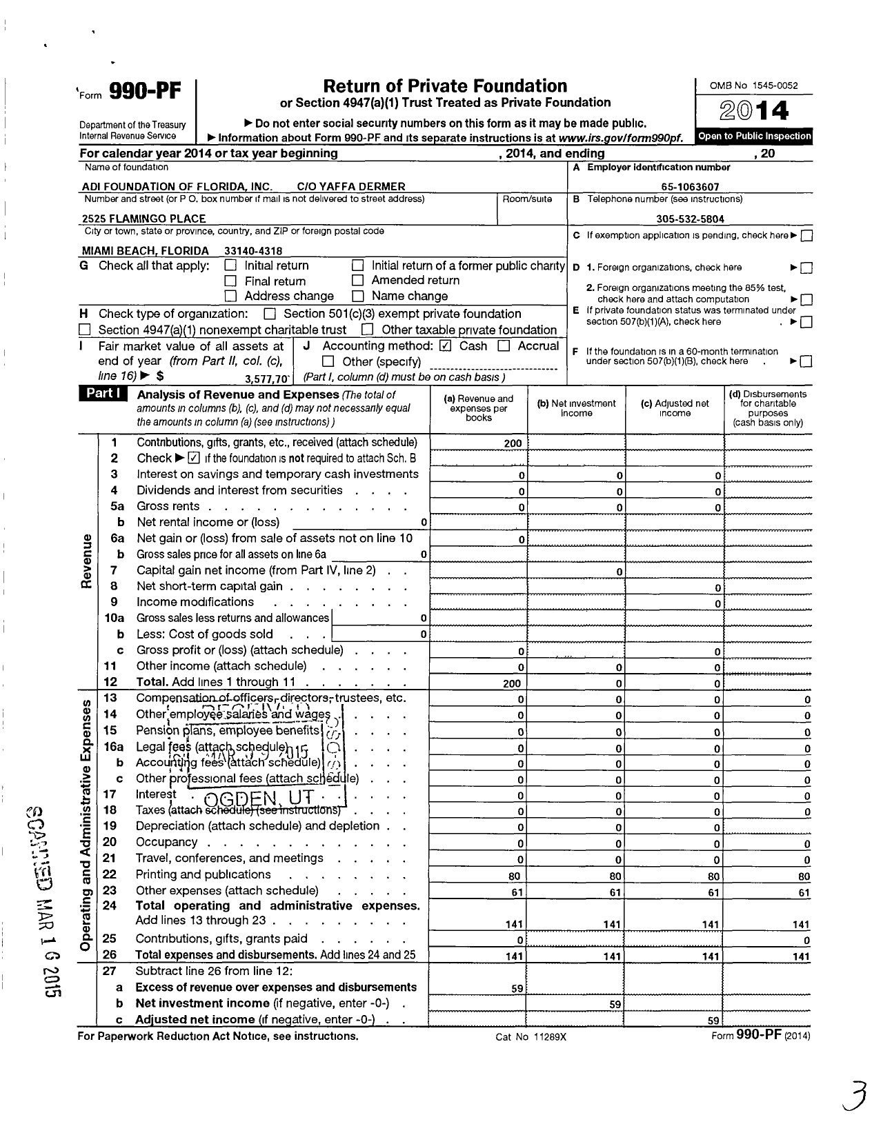 Image of first page of 2014 Form 990PF for Adi Foundation of Florida