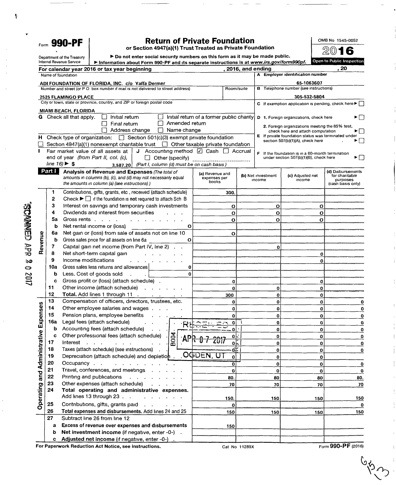 Image of first page of 2016 Form 990PF for Adi Foundation of Florida