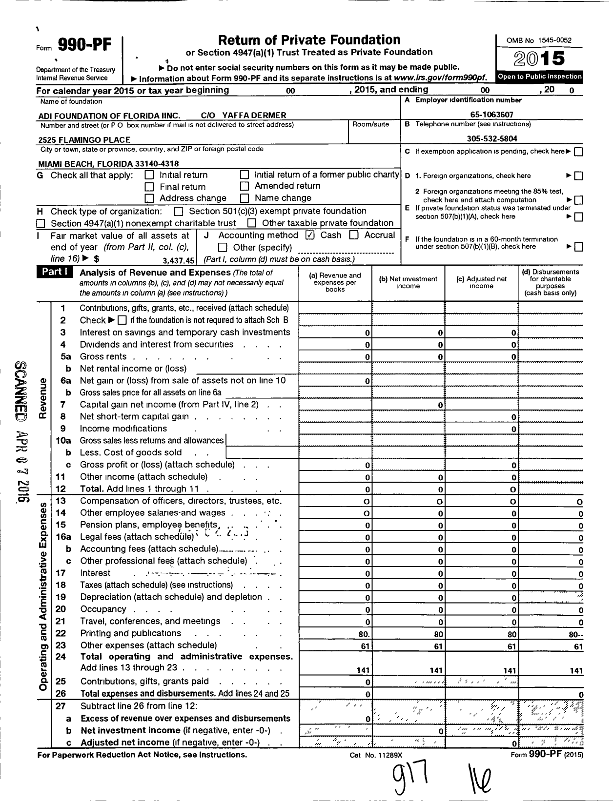 Image of first page of 2015 Form 990PF for Adi Foundation of Florida