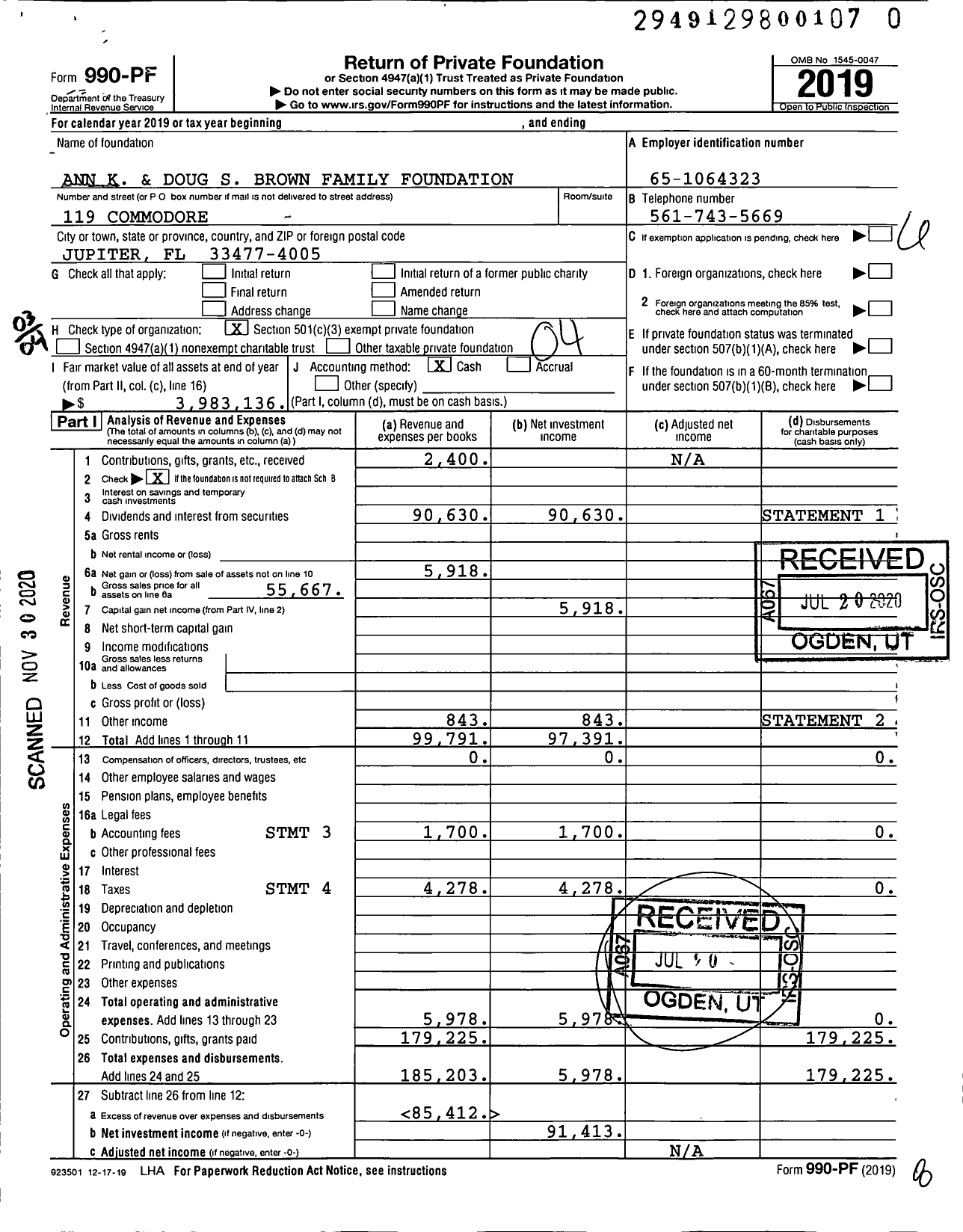 Image of first page of 2019 Form 990PF for Ann K and Doug S Brown Family Foundation