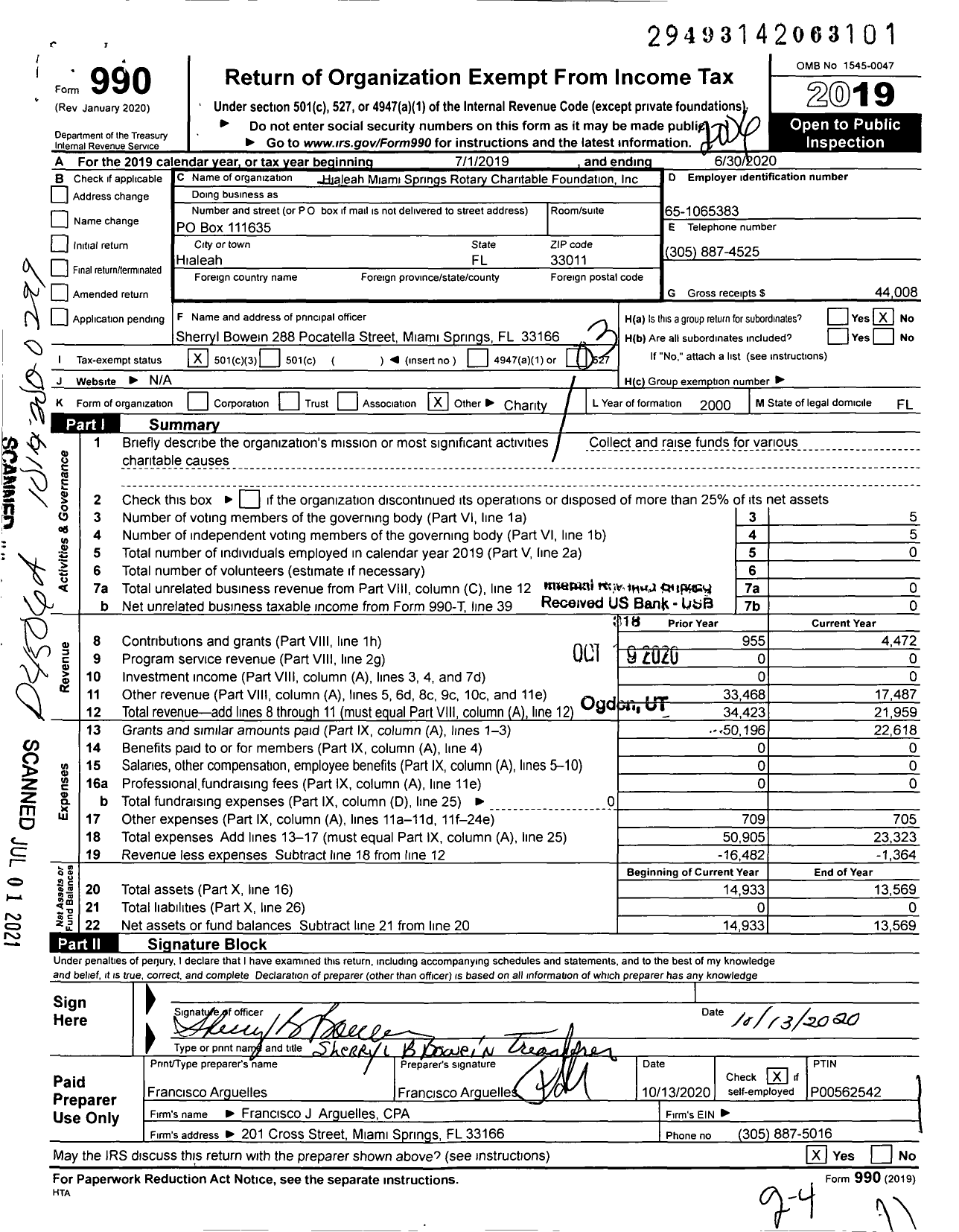 Image of first page of 2019 Form 990 for Hialeah Miami Springs Rotary Charitable Foundation