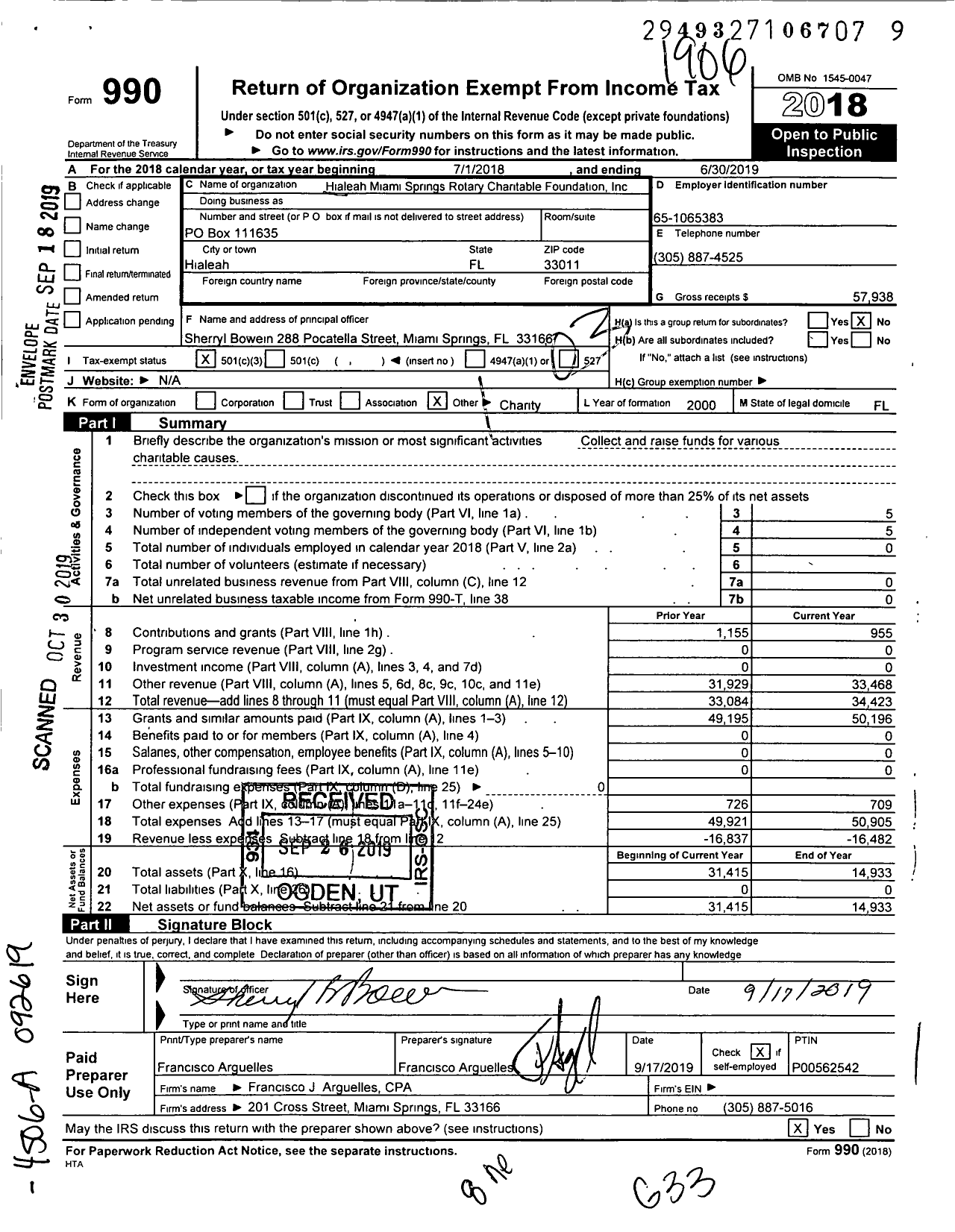 Image of first page of 2018 Form 990 for Hialeah Miami Springs Rotary Charitable Foundation