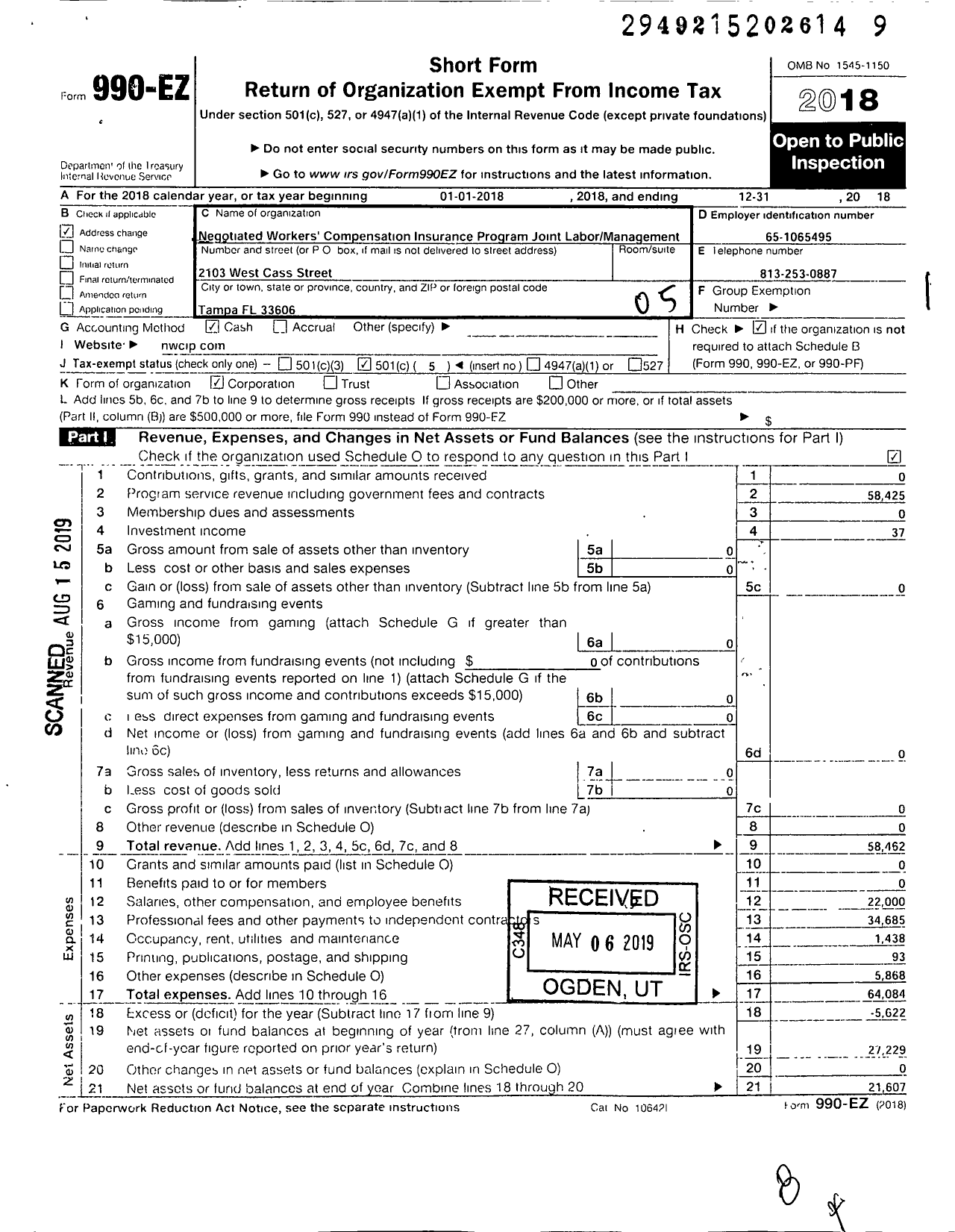 Image of first page of 2018 Form 990EO for Negotiated Workers Compensation Insurance Program Joint Labor Management