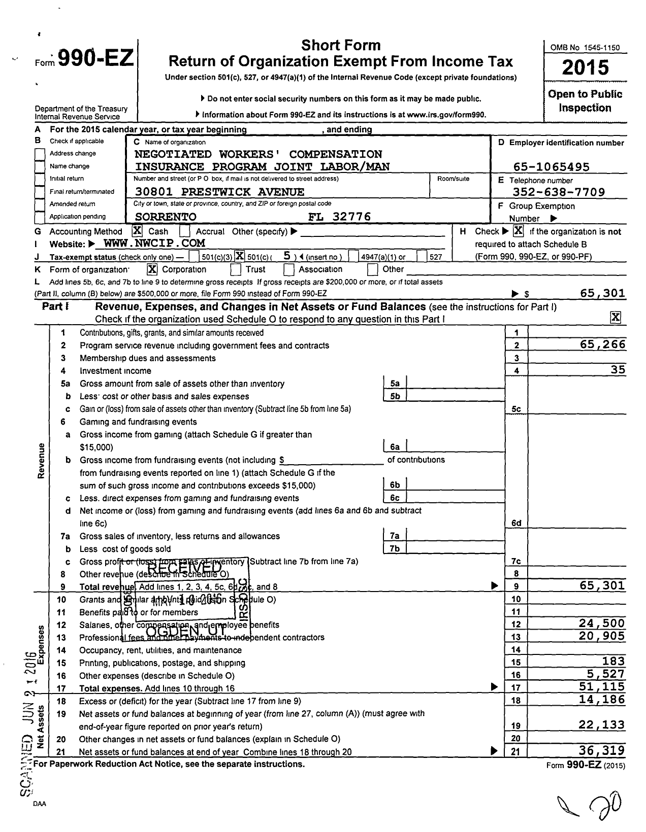 Image of first page of 2015 Form 990EO for Negotiated Workers Compensation Insurance Program Joint Labor Management