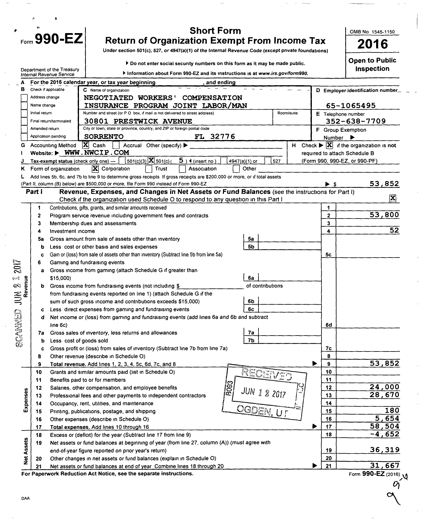 Image of first page of 2016 Form 990EO for Negotiated Workers Compensation Insurance Program Joint Labor Management