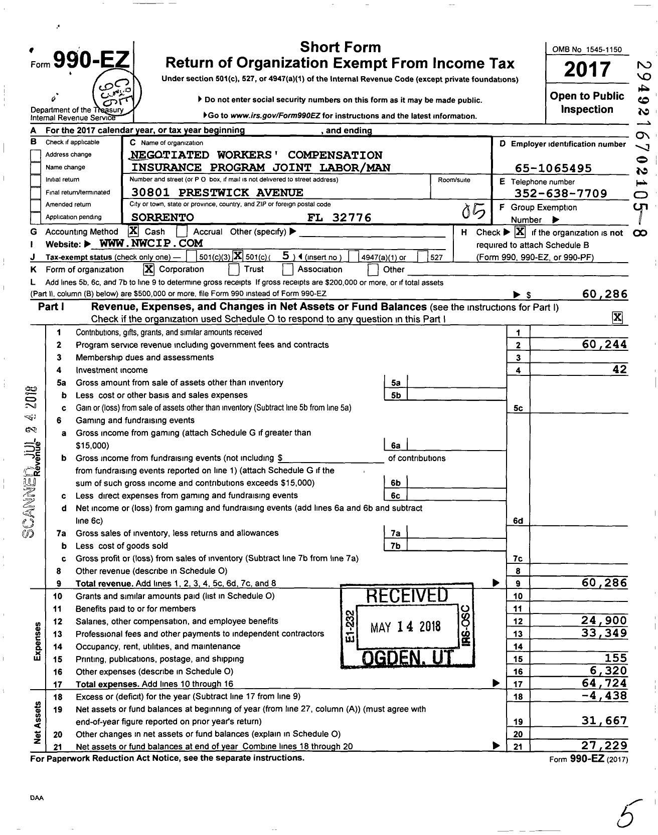 Image of first page of 2017 Form 990EO for Negotiated Workers Compensation Insurance Program Joint Labor Management