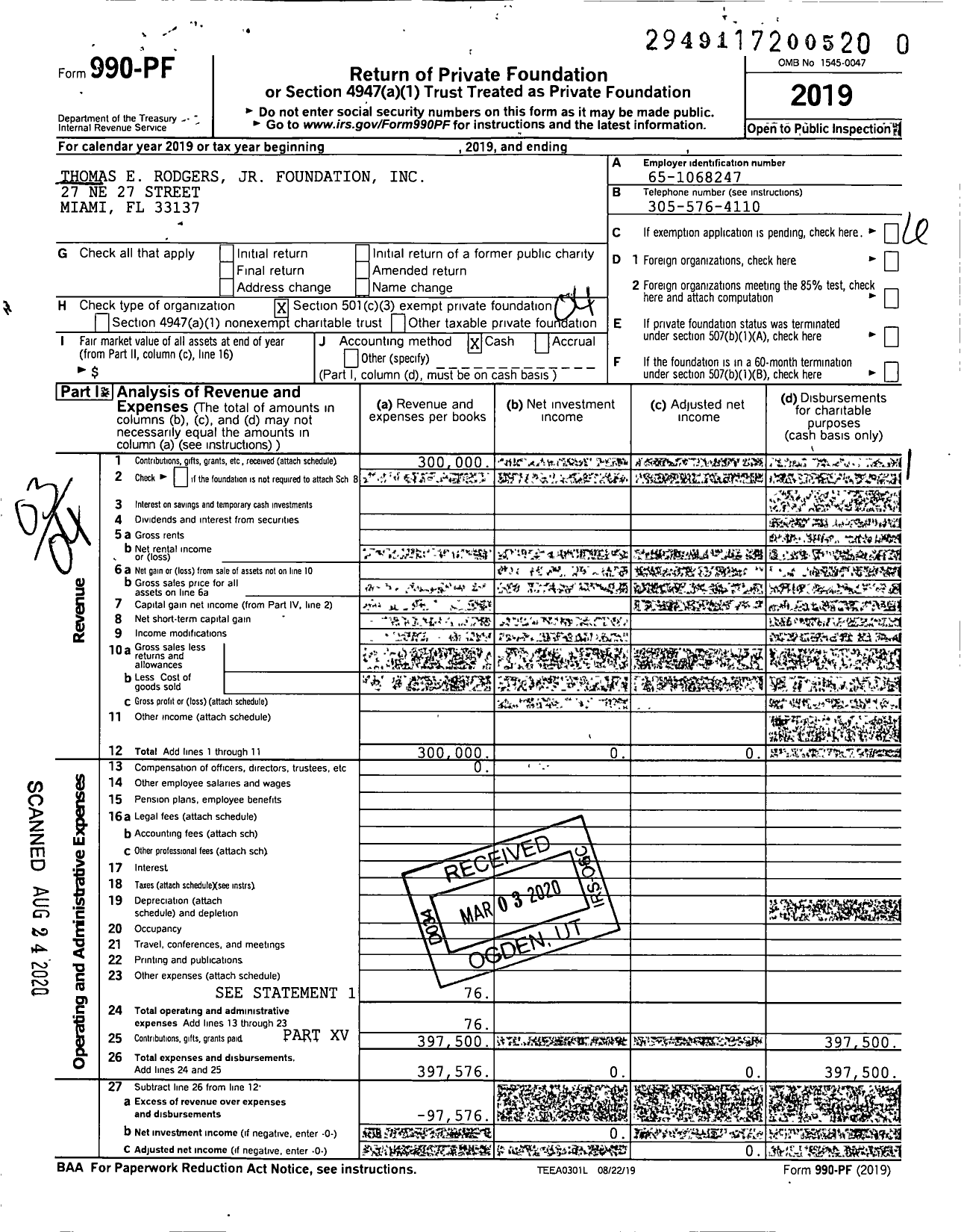 Image of first page of 2019 Form 990PR for Thomas E Rodgers JR Foundation