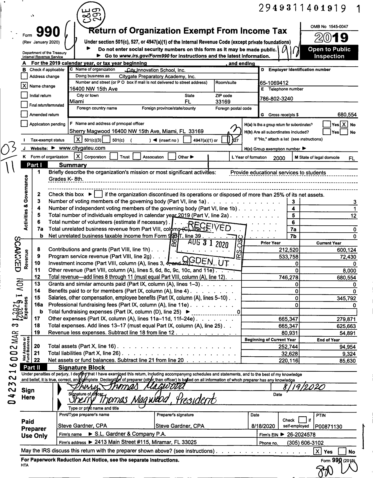 Image of first page of 2019 Form 990 for Citygate Preparatory Academy