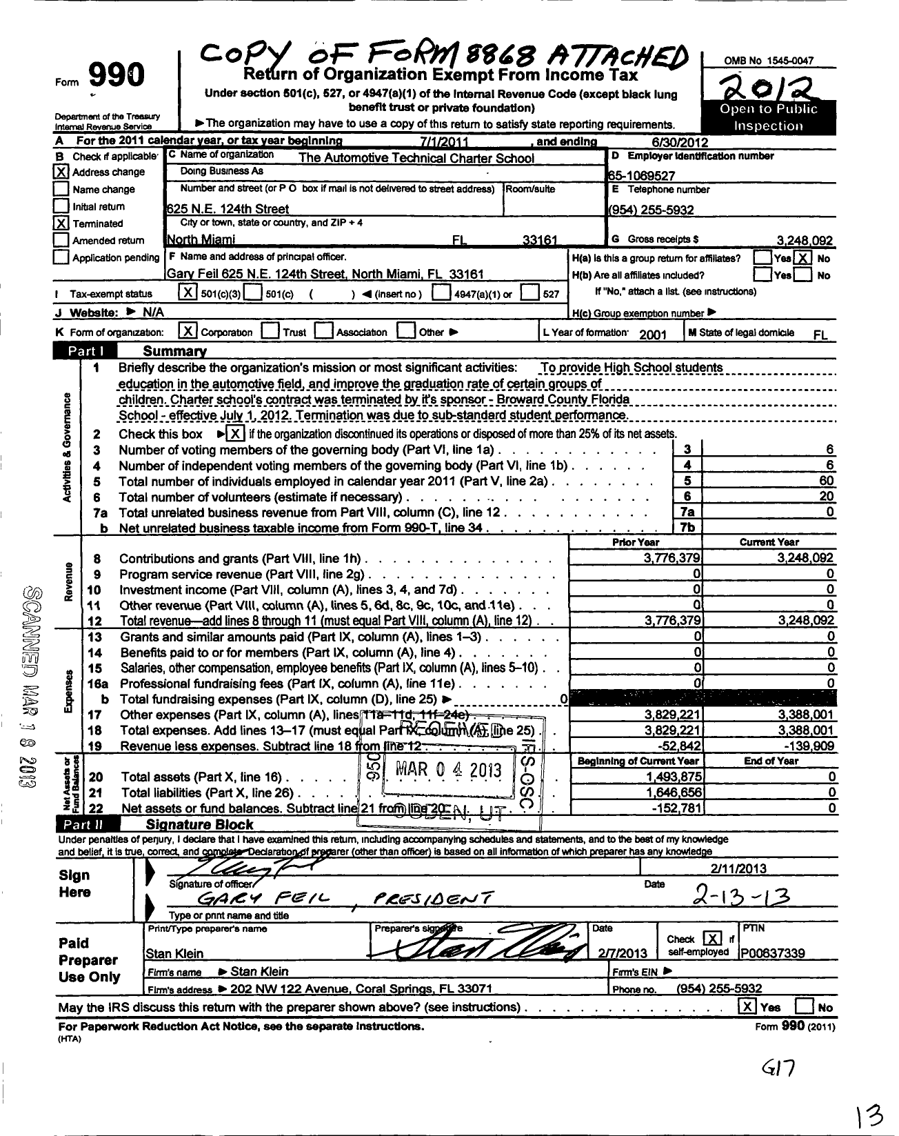 Image of first page of 2011 Form 990 for Automotive Technical Charter School