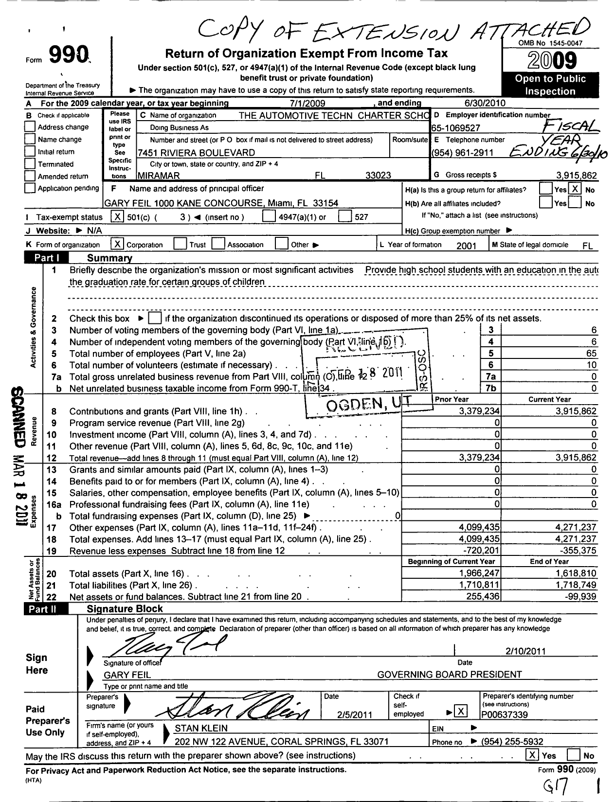 Image of first page of 2009 Form 990 for Automotive Technical Charter School