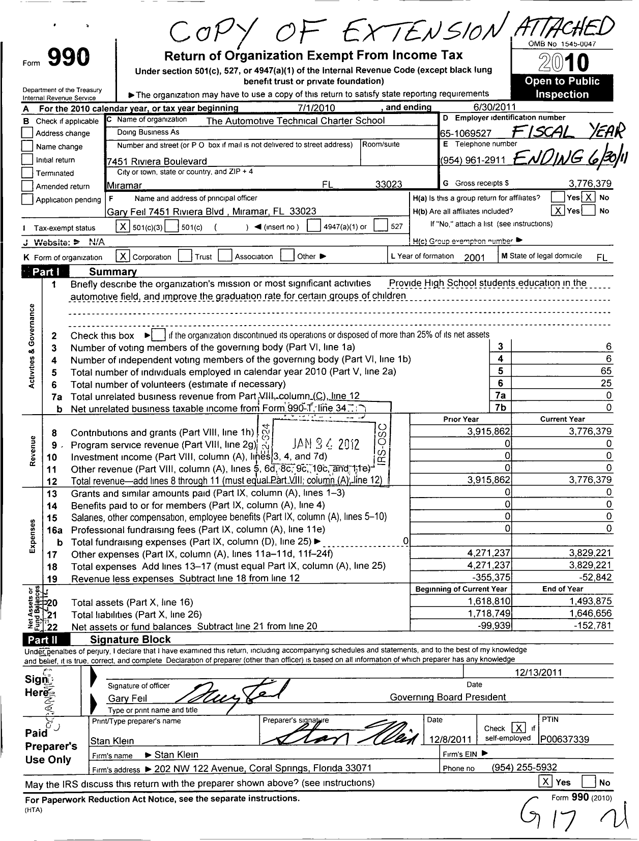 Image of first page of 2010 Form 990 for Automotive Technical Charter School