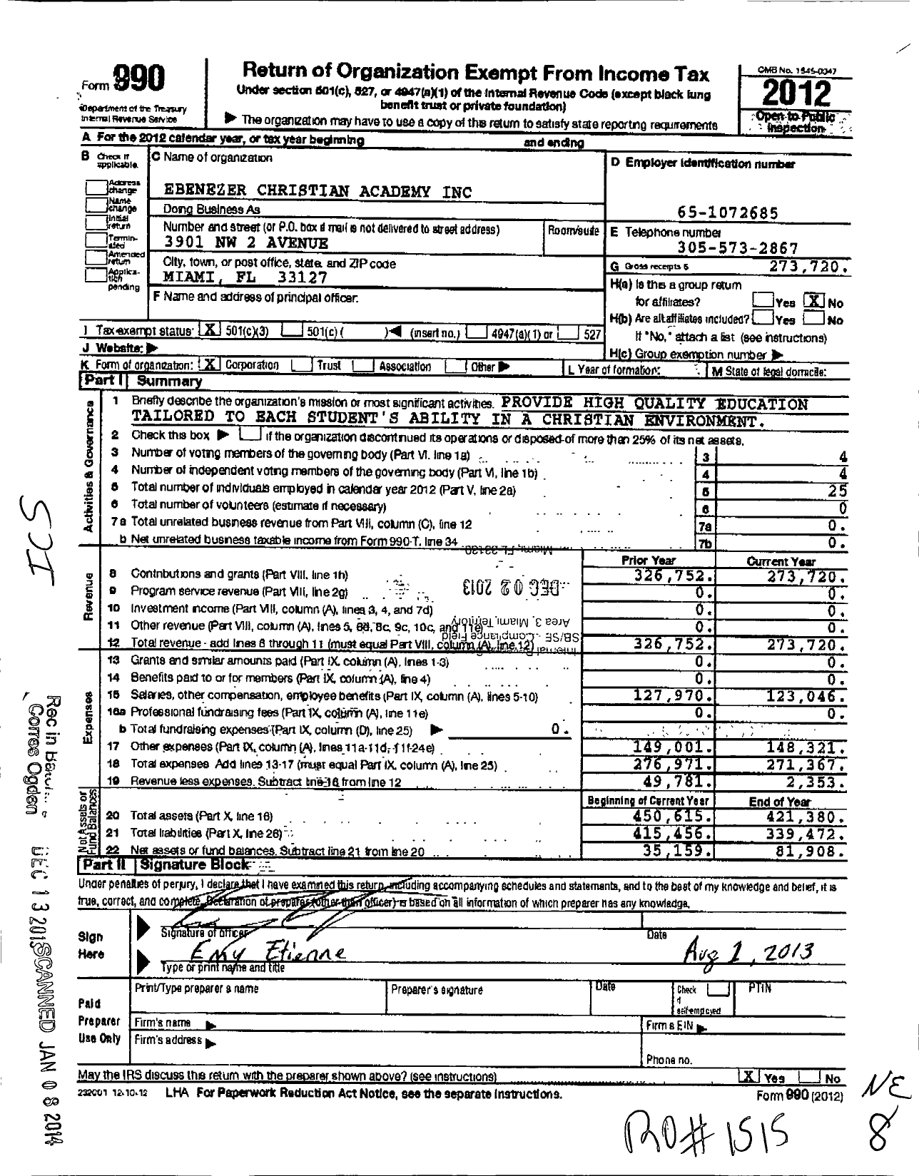 Image of first page of 2012 Form 990 for Ebenezer Christian Academy