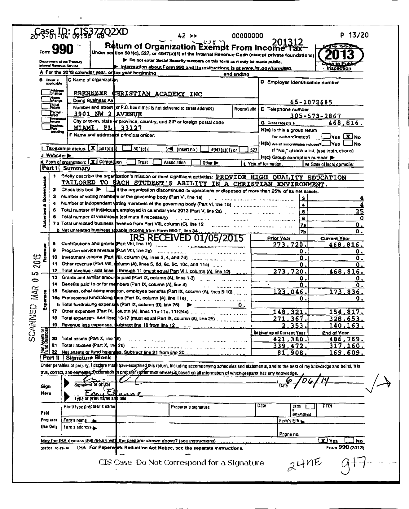 Image of first page of 2013 Form 990 for Ebenezer Christian Academy